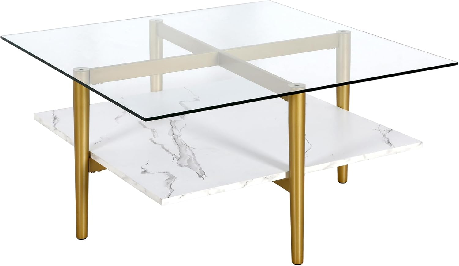 Evelyn&Zoe Otto 32" Wide Square Coffee Table with Faux Marble Shelf, Brass