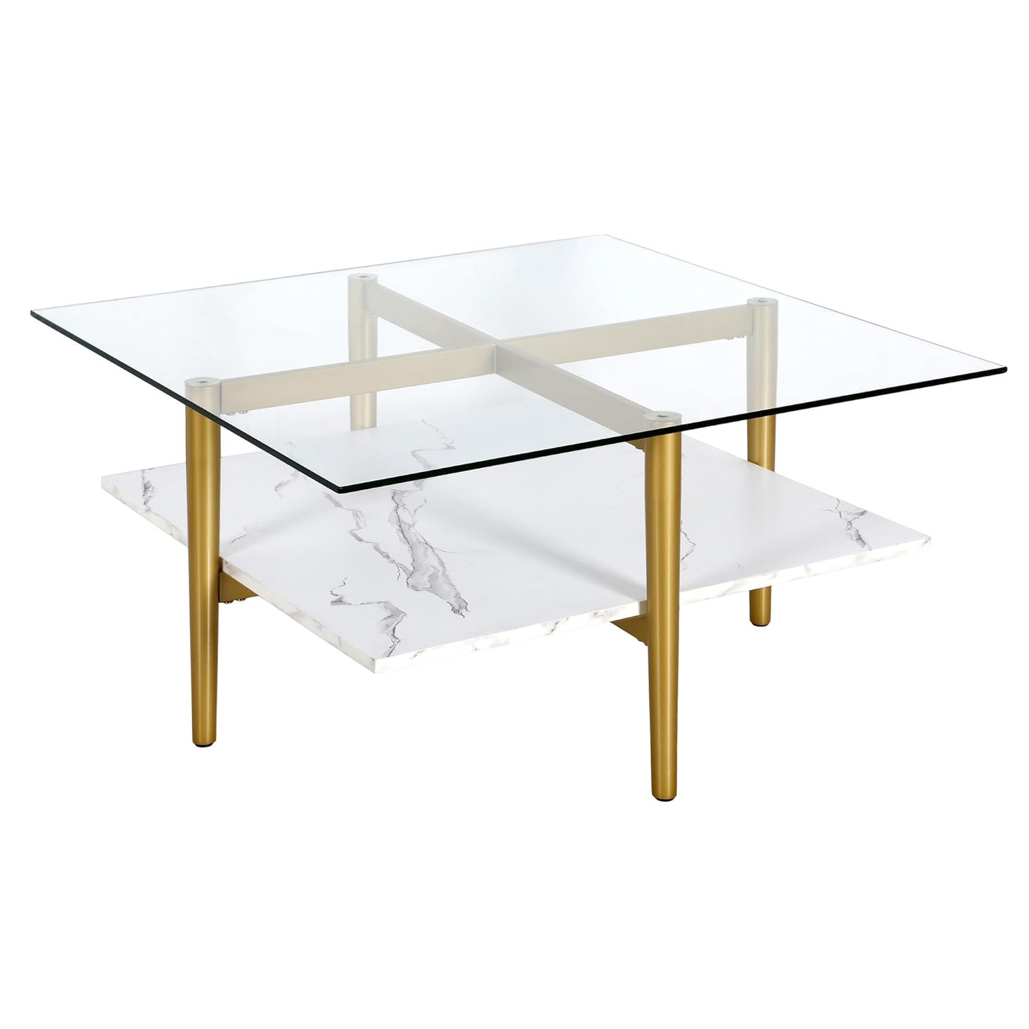 Evelyn&Zoe Otto 32" Wide Square Coffee Table with Faux Marble Shelf, Brass