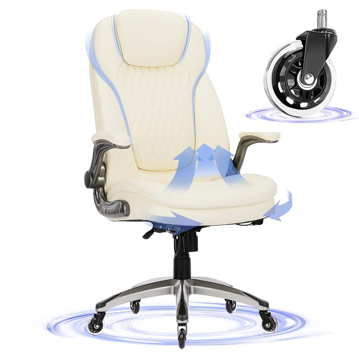 Executive Office Chair-Ergonomic Computer Desk Chair with Upgraded Caster for Swivel, High Back Office Chair with Padded Flip-up Arms, Stylish Leather Chair Thicken Seat for Comfort (Ivory, 300lbs)