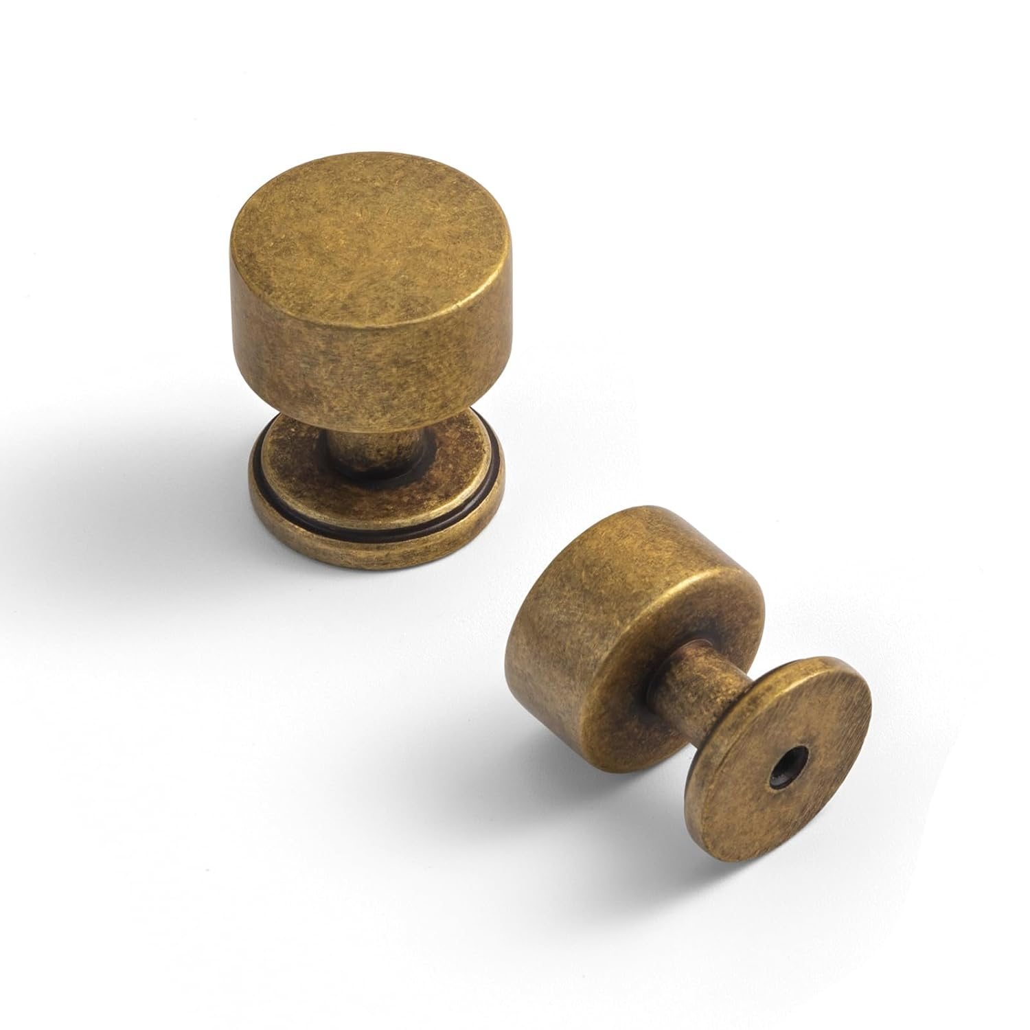 Set of 6 Antique Brass Drum Cabinet Knobs for Drawers, Heavy-Duty Solid Zinc Handles, 1" Diameter for Farmhouse & Modern Kitchen Hardware