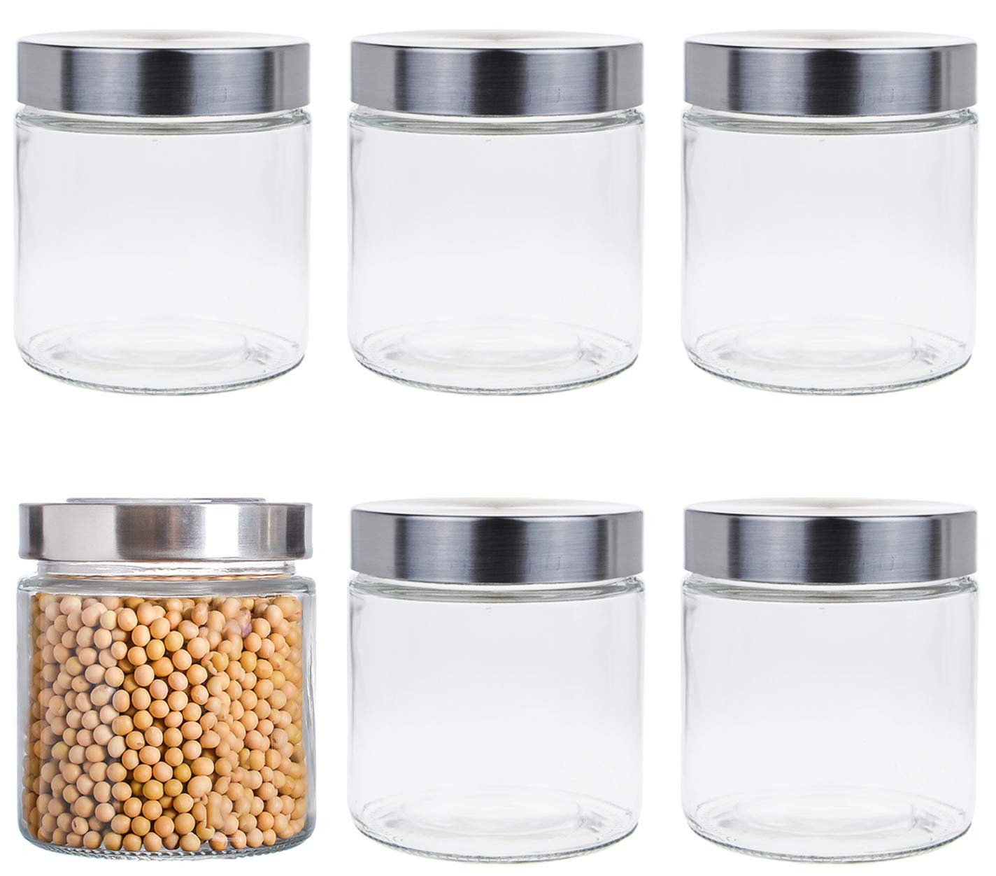Lawei 6 Pack 27 Oz Clear Glass Jars with Stainless Steel Lids - Glass Food Canister Set Food Storage Jars for Cookie Rice Beans Pasta Snacks