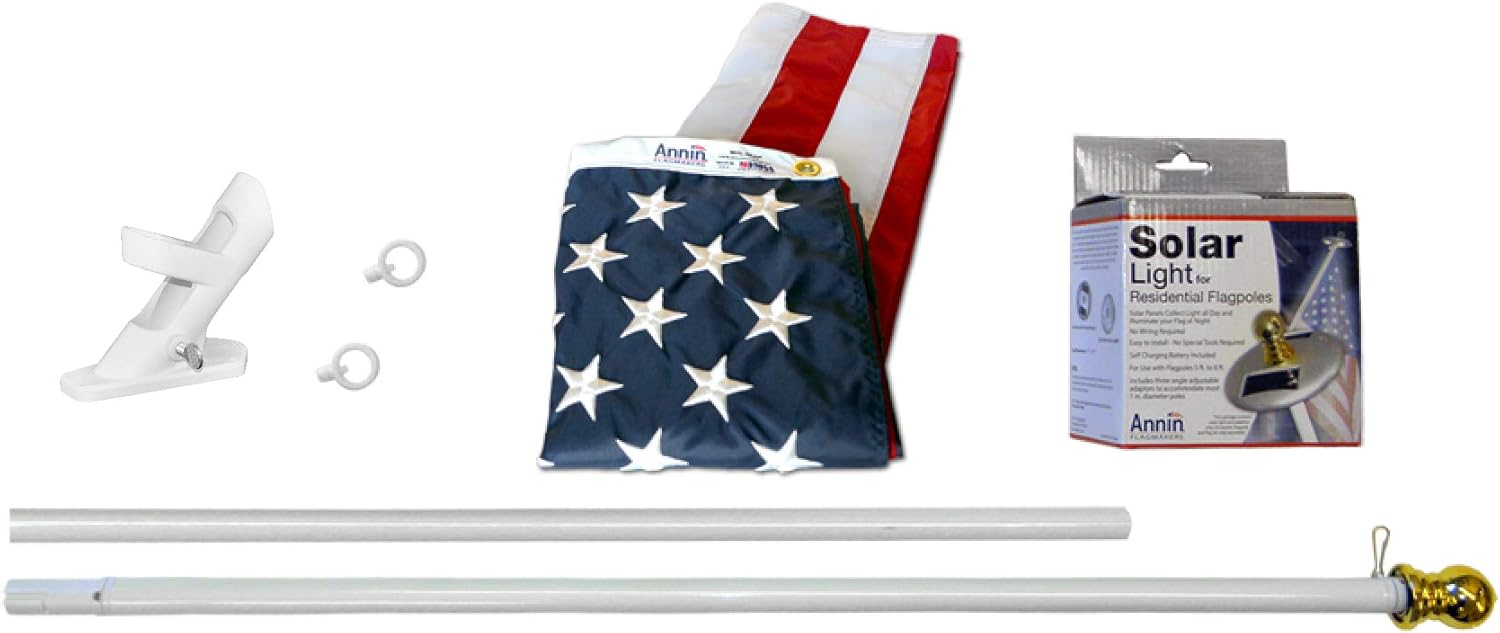 White Nylon American Flag Kit with Solar Light and Pole