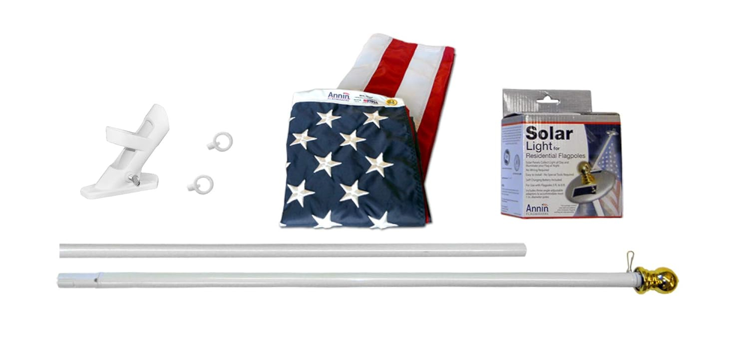 White Nylon American Flag Kit with Solar Light and Pole