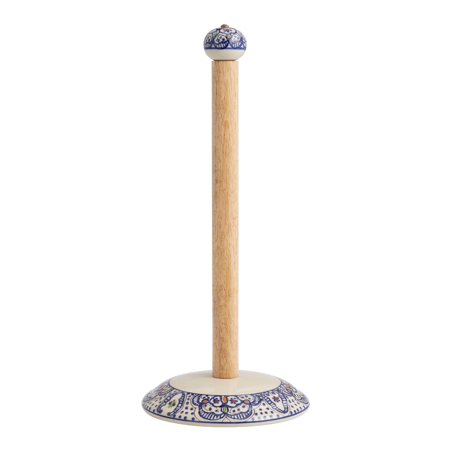 Handcrafted Blue and White Ceramic and Wood Paper Towel Holder