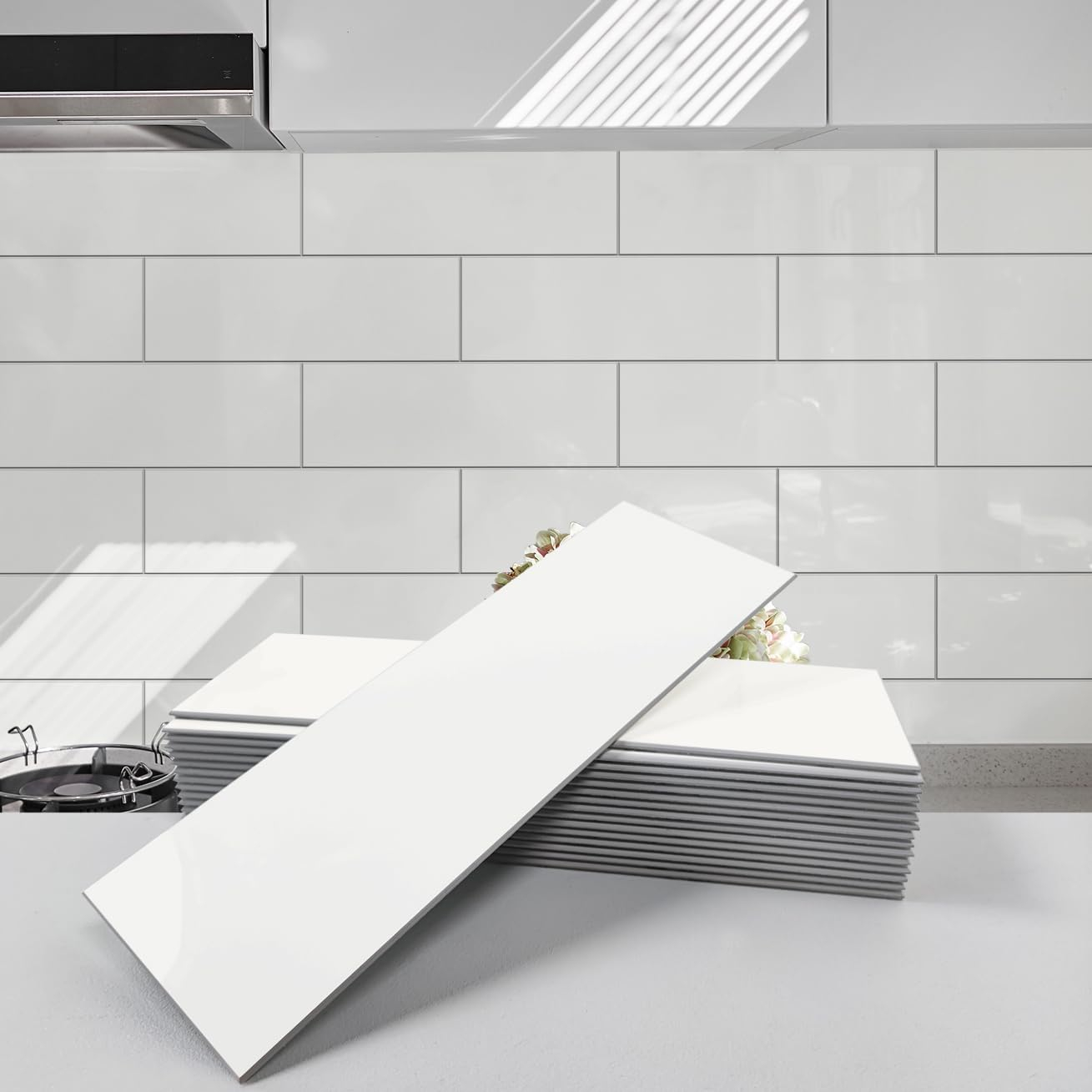 Avant Decor | 24 Stone Composite Subway Texture Tiles | Peel and Stick Kitchen Backsplash | 4" x 12" | Bex Metro Glossy Alpine | 8 sqft