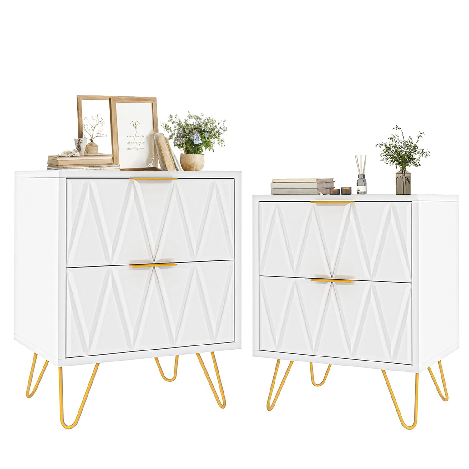 White and Gold Nightstand Set of 2,Modern Bedside Table with 2 Drawer for Bedroom,End Side Table with Gold Legs for Living Room,White Night Stand Set 2 for Bedroom