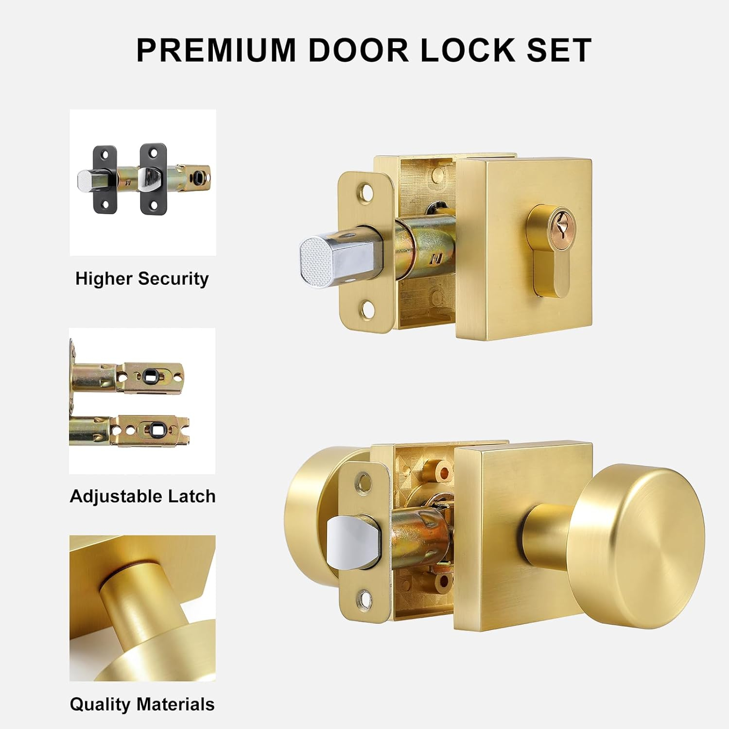 Modern Satin Brass Square Deadbolt Lock and Knob Set