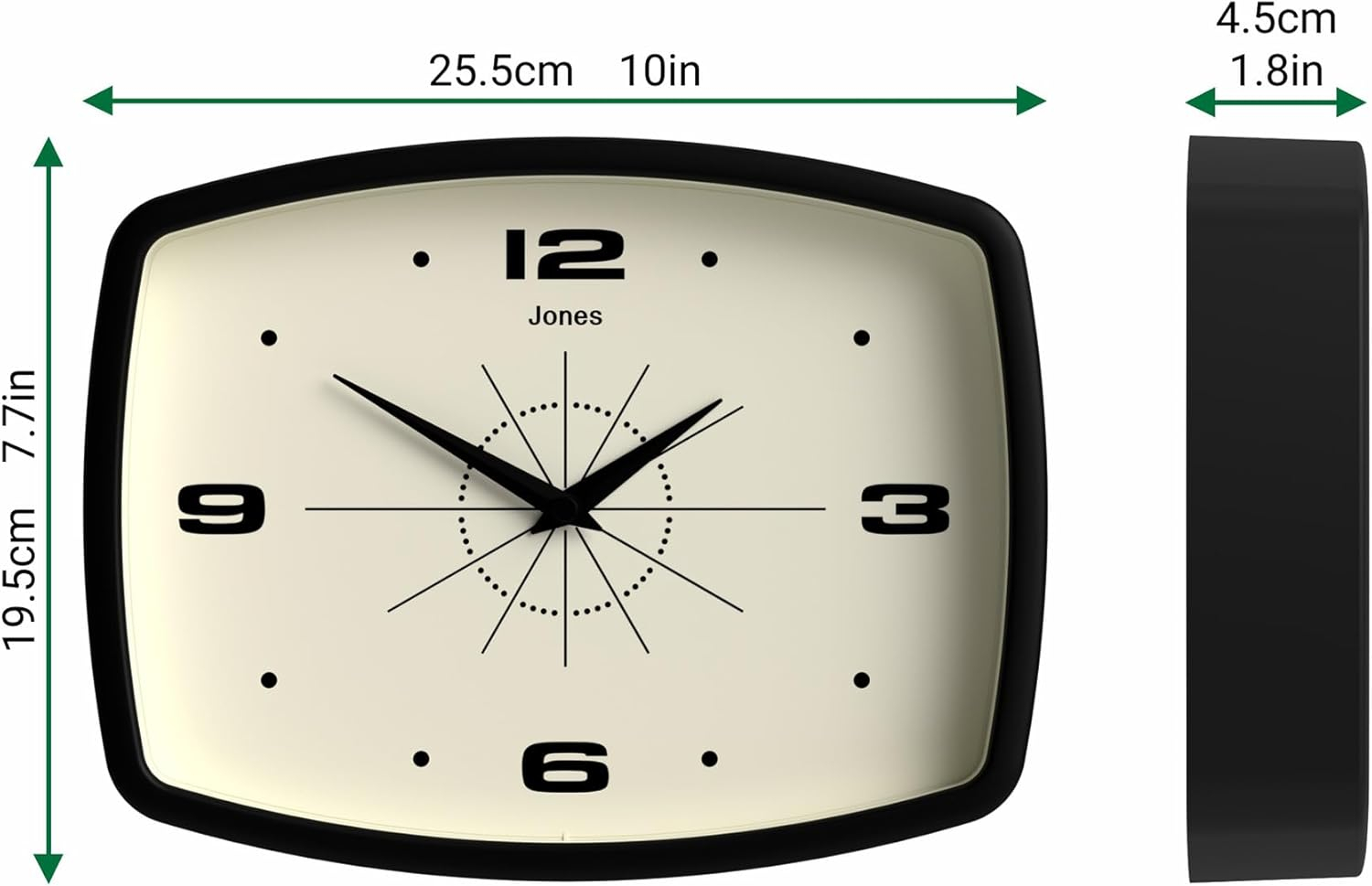 JONES CLOCKS® Movie Wall Clock | Retro Rectangular Clock | 10 inch | Black | Cool Designer Look for Kitchen, Living Room or Office