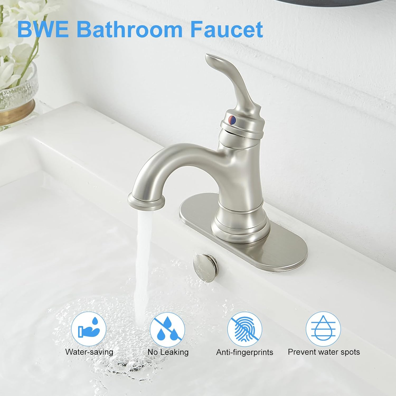 BWE Brushed Nickel Bathroom Faucet 1 Hole Single Handle Bathroom Sink Faucet with Brass Pop Up Drain and Supply Line High Arc Bath Vanity Faucet for Lavatory Mix Tap
