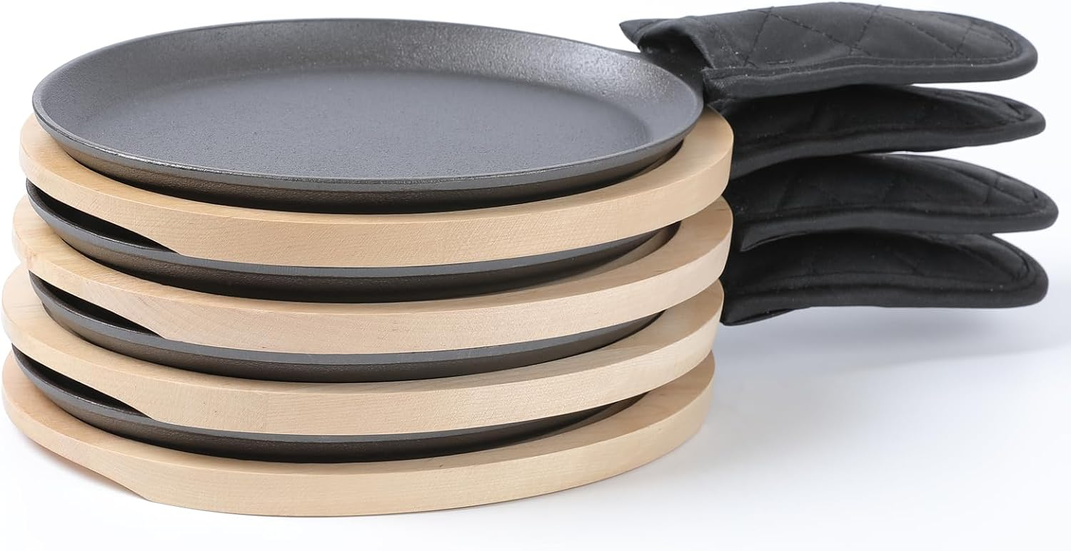 Pre-Seasoned Cast Iron Fajita Pan Set with Bamboo Base
