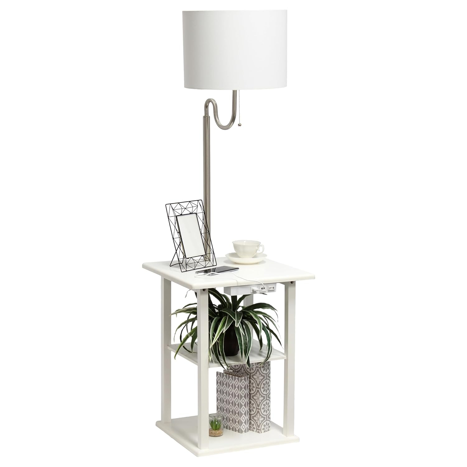 57 in. Modern 2 Tier End Table & White Drum Fabric Shade Floor Lamp with 2 x USB Charging Ports & Power Outlet, White