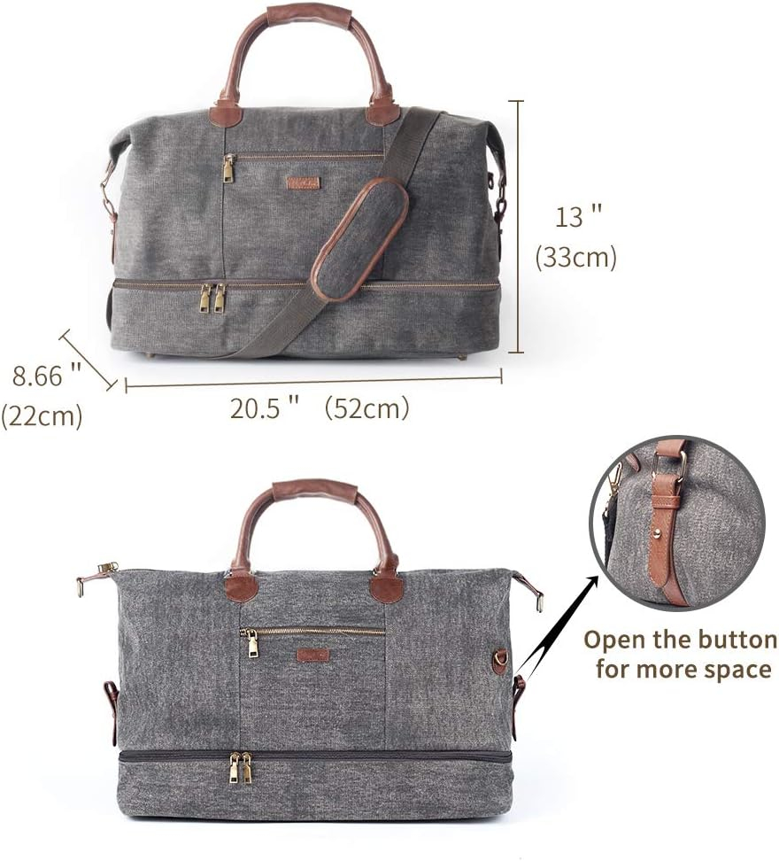 MyMealivos Canvas Weekender Bag, Overnight Travel Carry On Duffel Tote with Shoe Pouch (Grey)