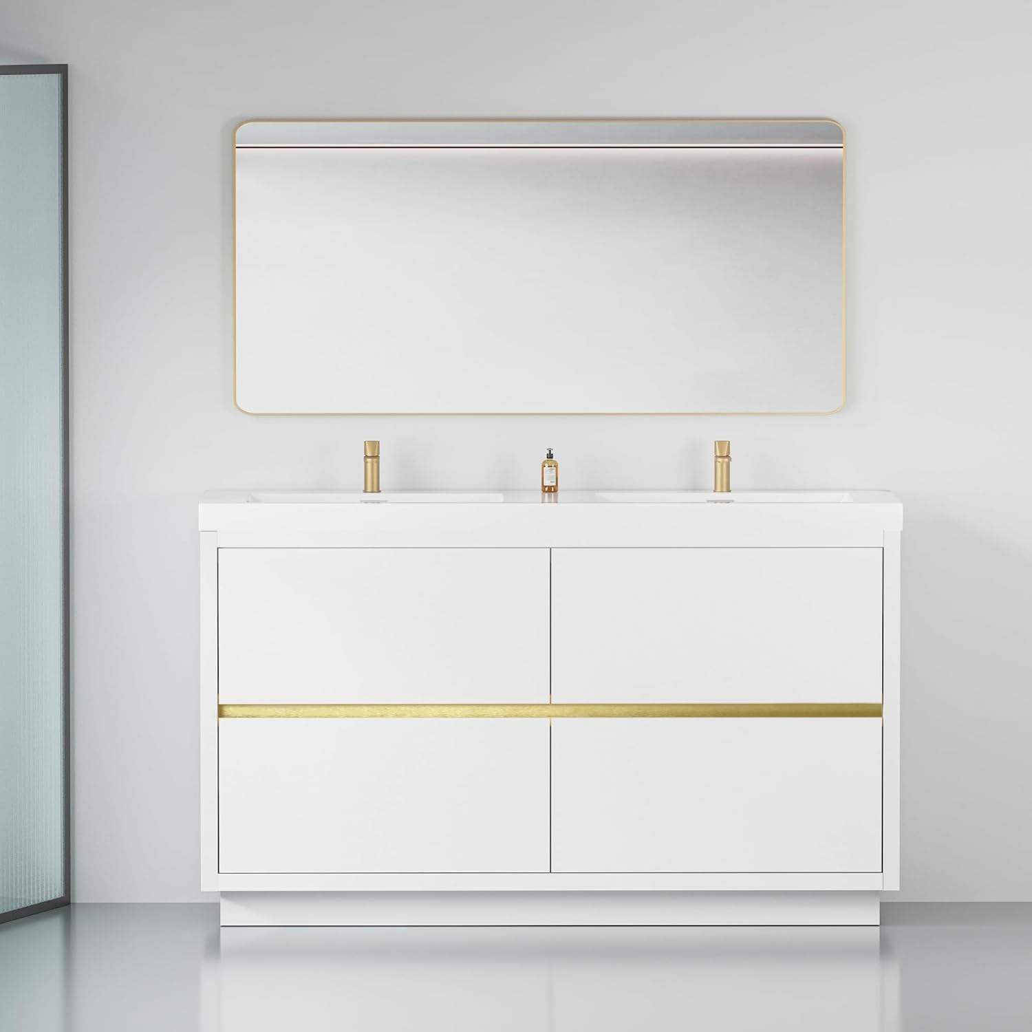 Natural Oak Freestanding Double Sink Bathroom Vanity with White Resin Countertop