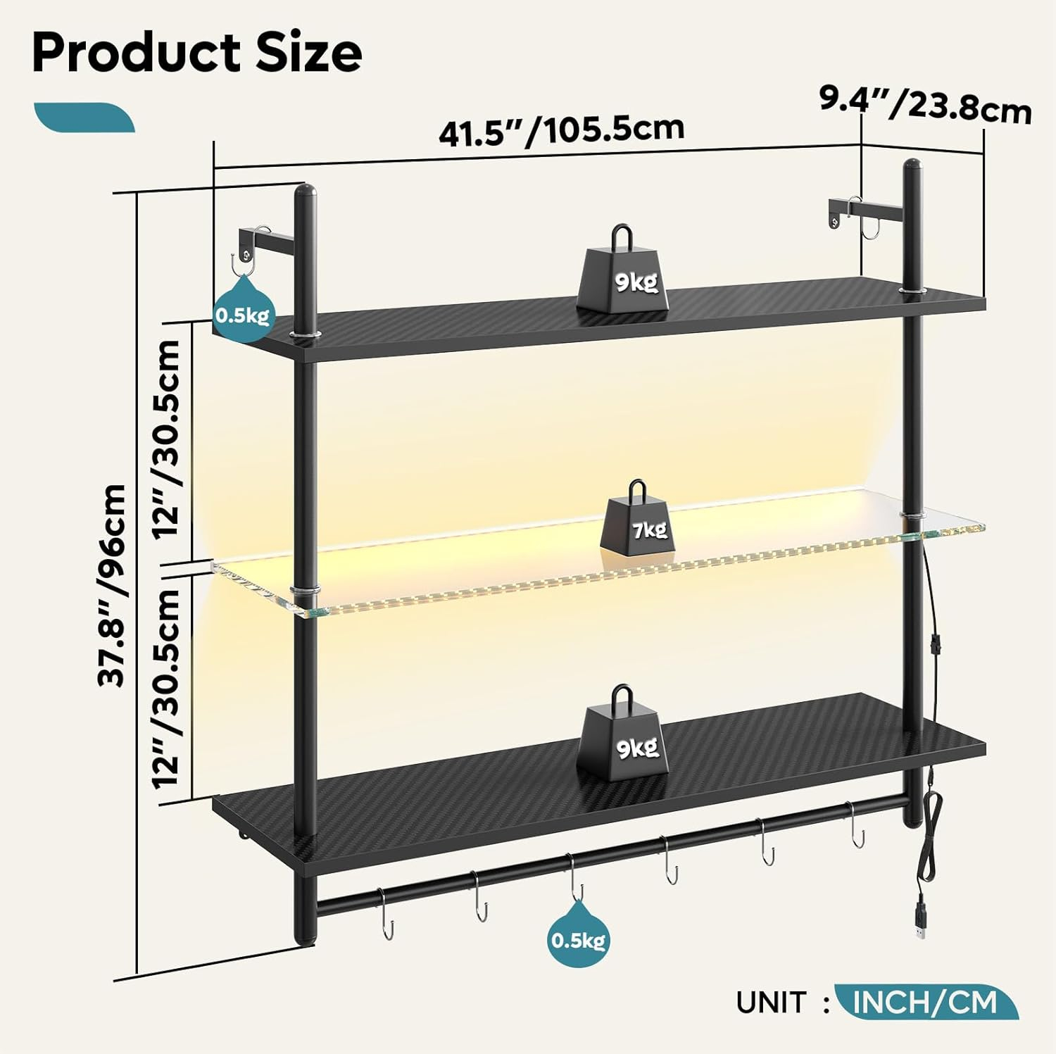 Bestier Gaming LED Floating Shelves for Wall, 41" Wall Mounted Shelf Pipe Glass Shelves, 3 Tier Hanging Display Rack with 8 S-Hooks Towel Bar, Kitchen Gaming Room Wall Decor, Carbon Fiber Black
