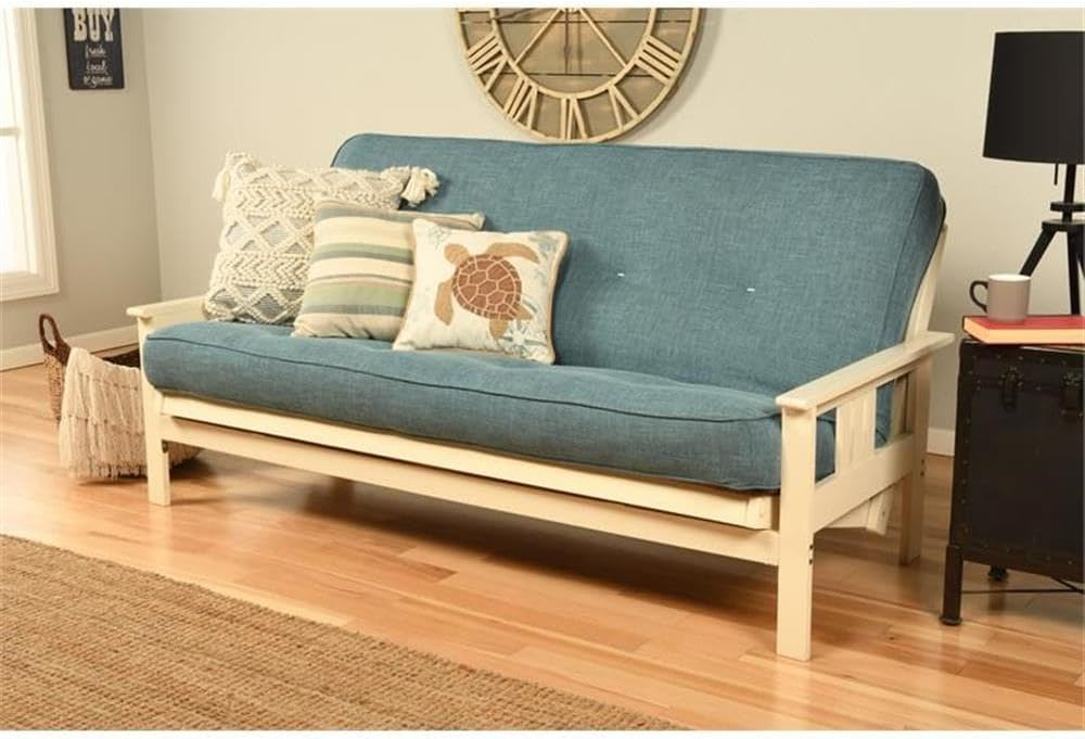 Pemberly Row Cotton and Foam Full Futon Mattress with Linen Blue Fabric Cover-Frame Not Included