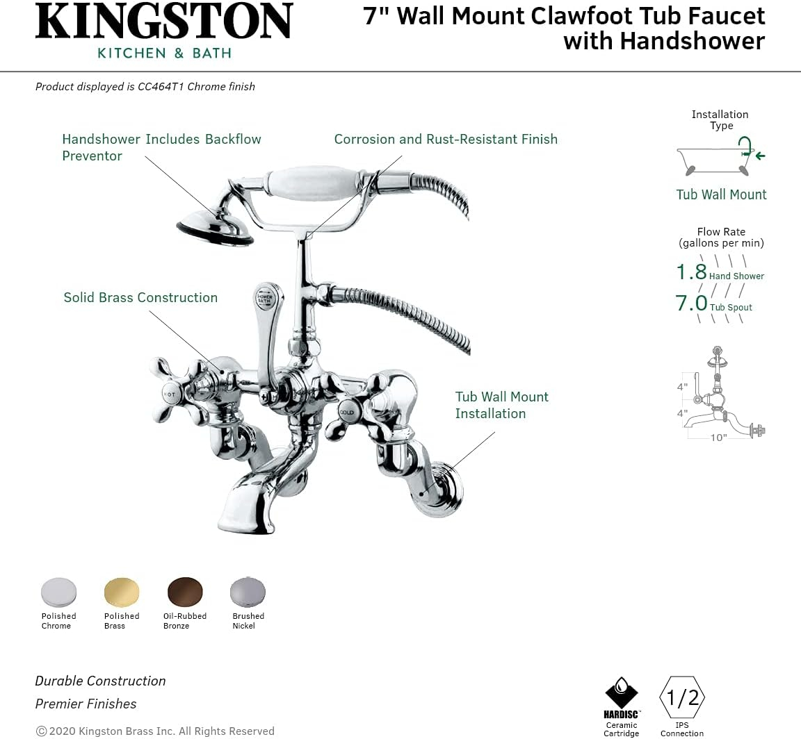 Chrome Triple Handle Wall Mounted Clawfoot Tub Filler with Hand Shower
