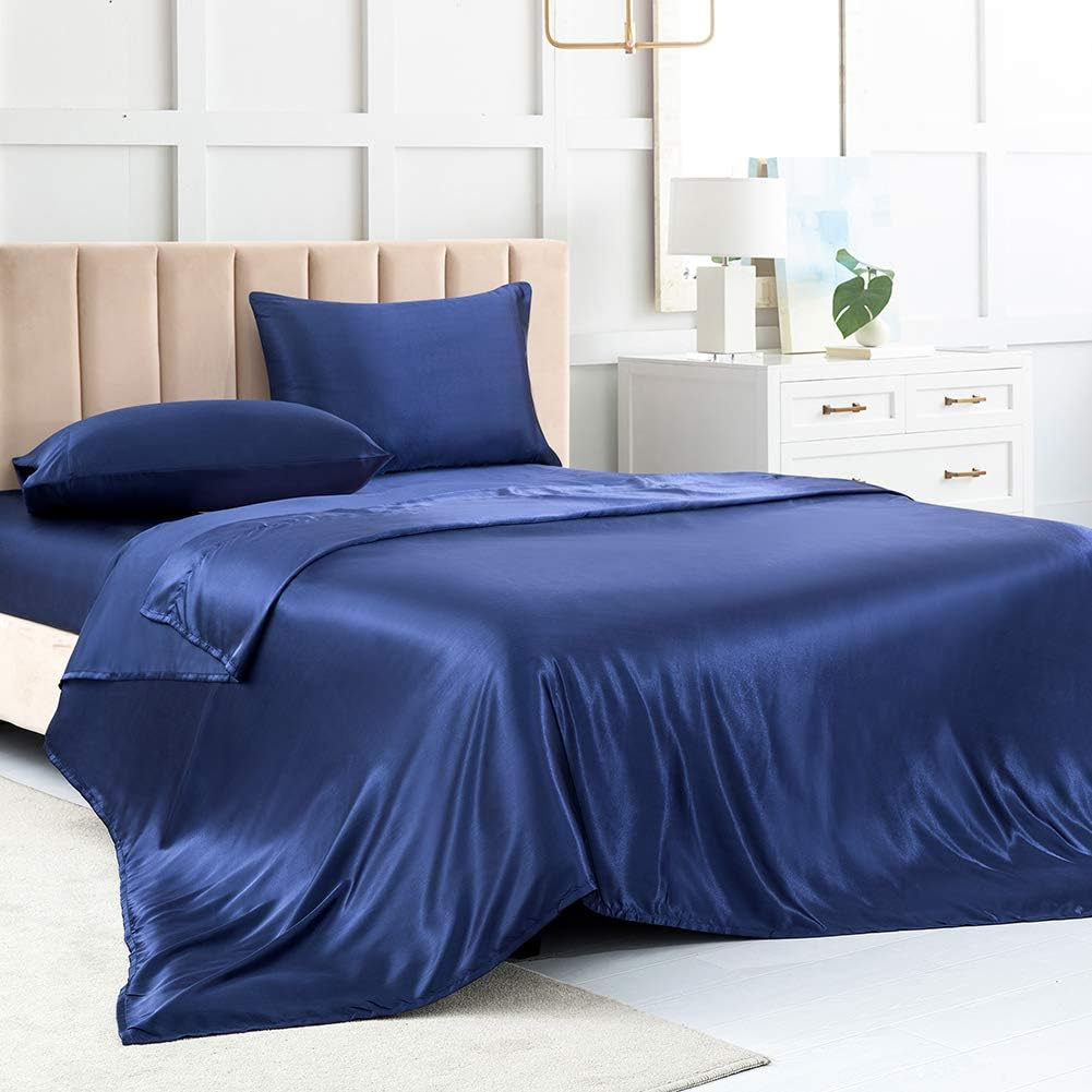 Satin Bed Sheets Full Size Sheet Sets, Navy Blue Silk Sheets, 4 - Pieces Soft Bedding Set with 1 Deep Pocket Fitted Sheet,1 Flat Sheet,2 Pillowcase