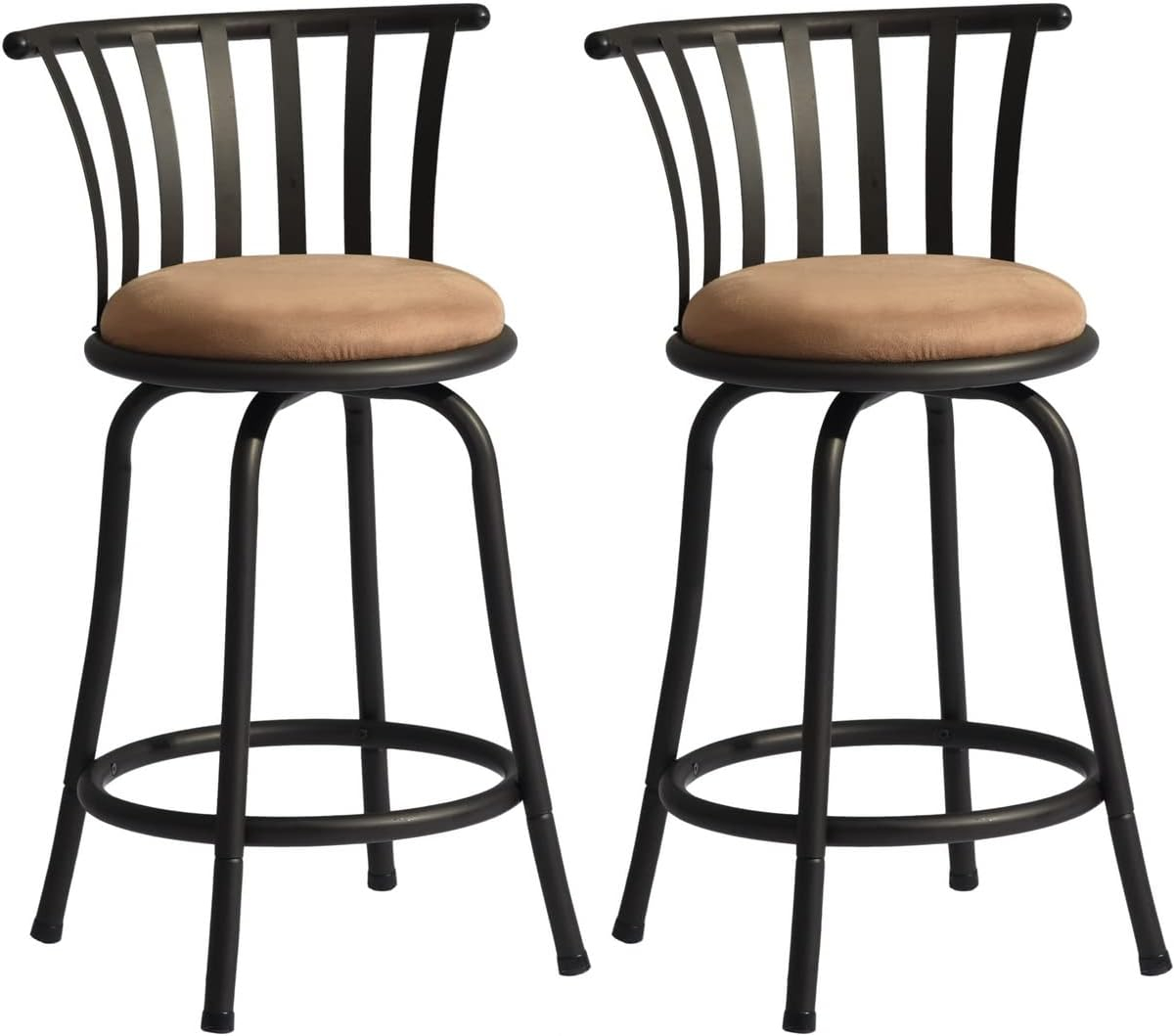 FurnitureR Brown Velvet 24'' Counter Stool Swivel High Back Barstools(Set of 2)