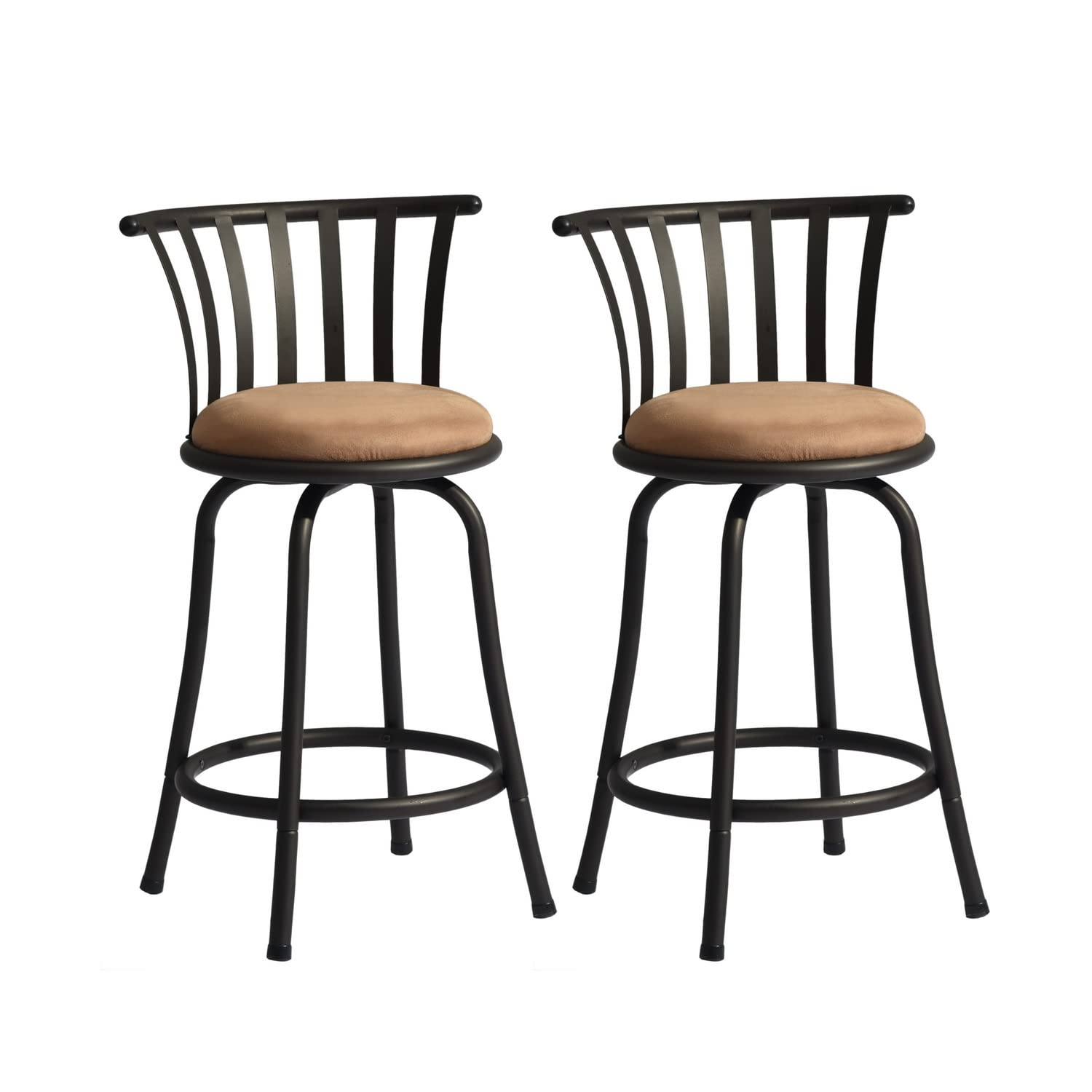 FurnitureR Brown Velvet 24'' Counter Stool Swivel High Back Barstools(Set of 2)