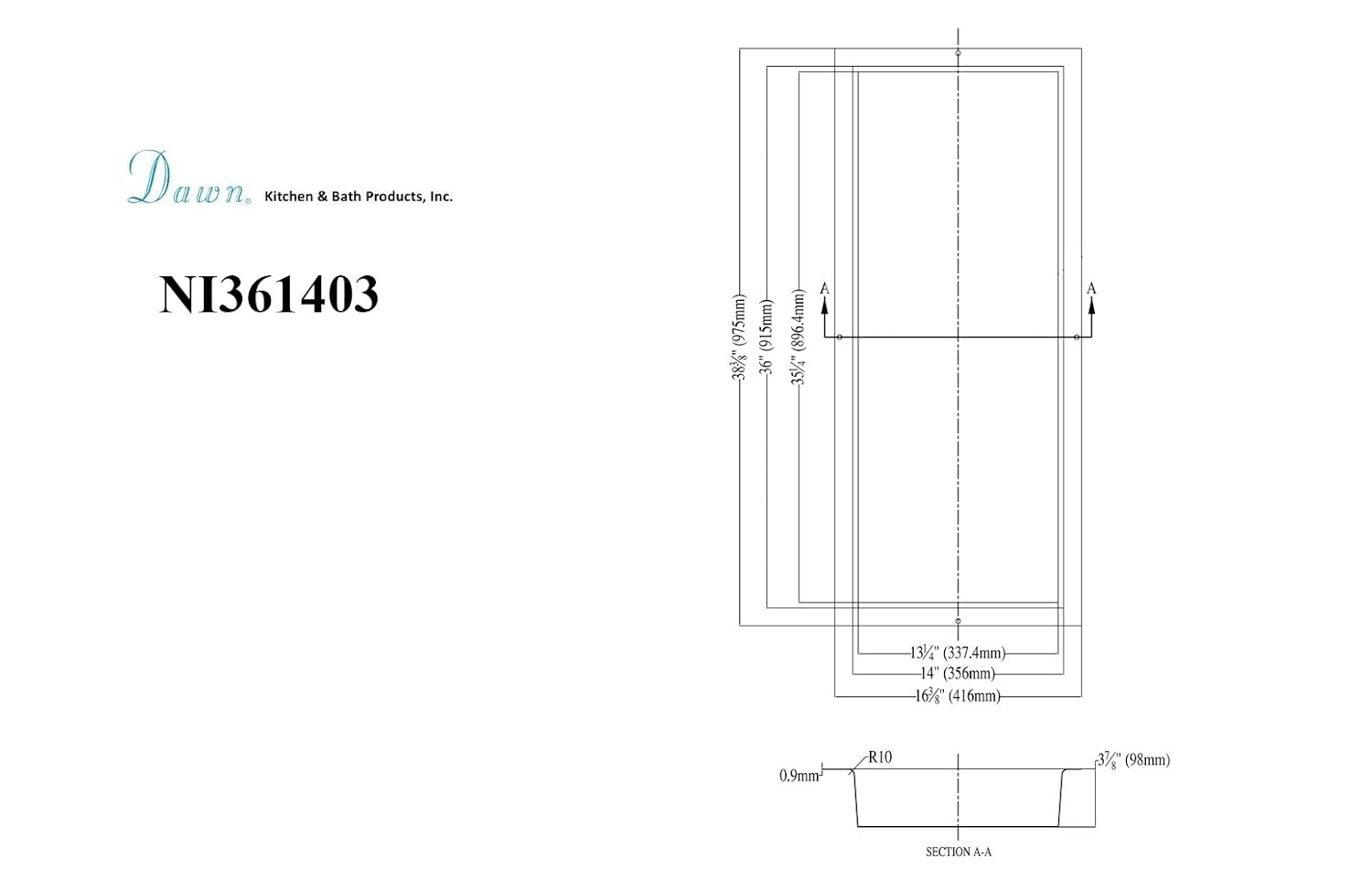 Dawn NI361403 Shower Niche with One Stainless Steel Support Plate, 20 inch