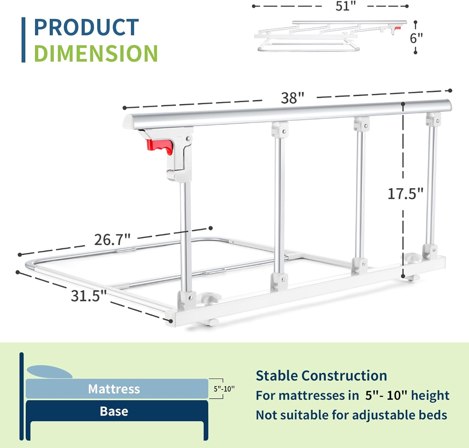 Bed Rails for Elderly Adults Safety, Folding Bedside Assist Rail Handle, Fall Prevention Safety Hand Guard Grab for Seniors & Surgery Patients, Fit King, Queen, Full, Twin(Tool-Free Assembly)