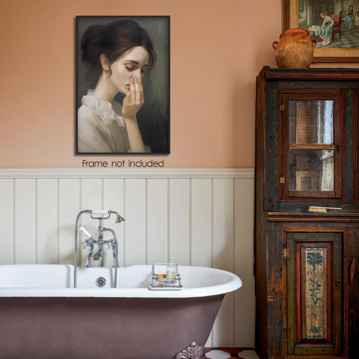 XMJJQQ Funny Bathroom Wall Art, Vintage Funny Bathroom Poster Classical Painting Bathroom Canvas Wall Art, Humor Amusing Toilet Art Pinching Nose Funny Wall Decor 12x16in Unframed, Girl 03