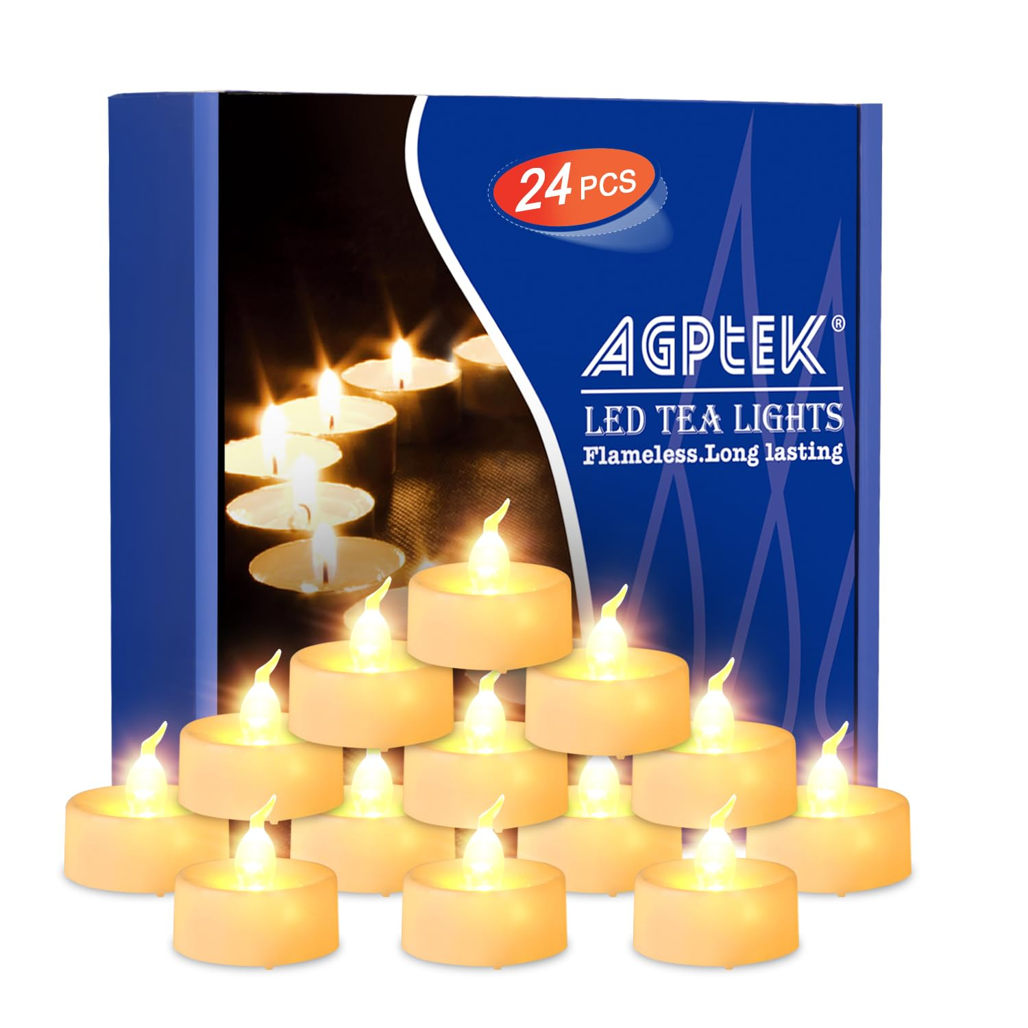 AGPTEK Timer No flicker Flameless LED Candles Battery-Operated Long Lasting Tealights for Wedding Holiday Party Home Decoration 24pcs(Warm White)