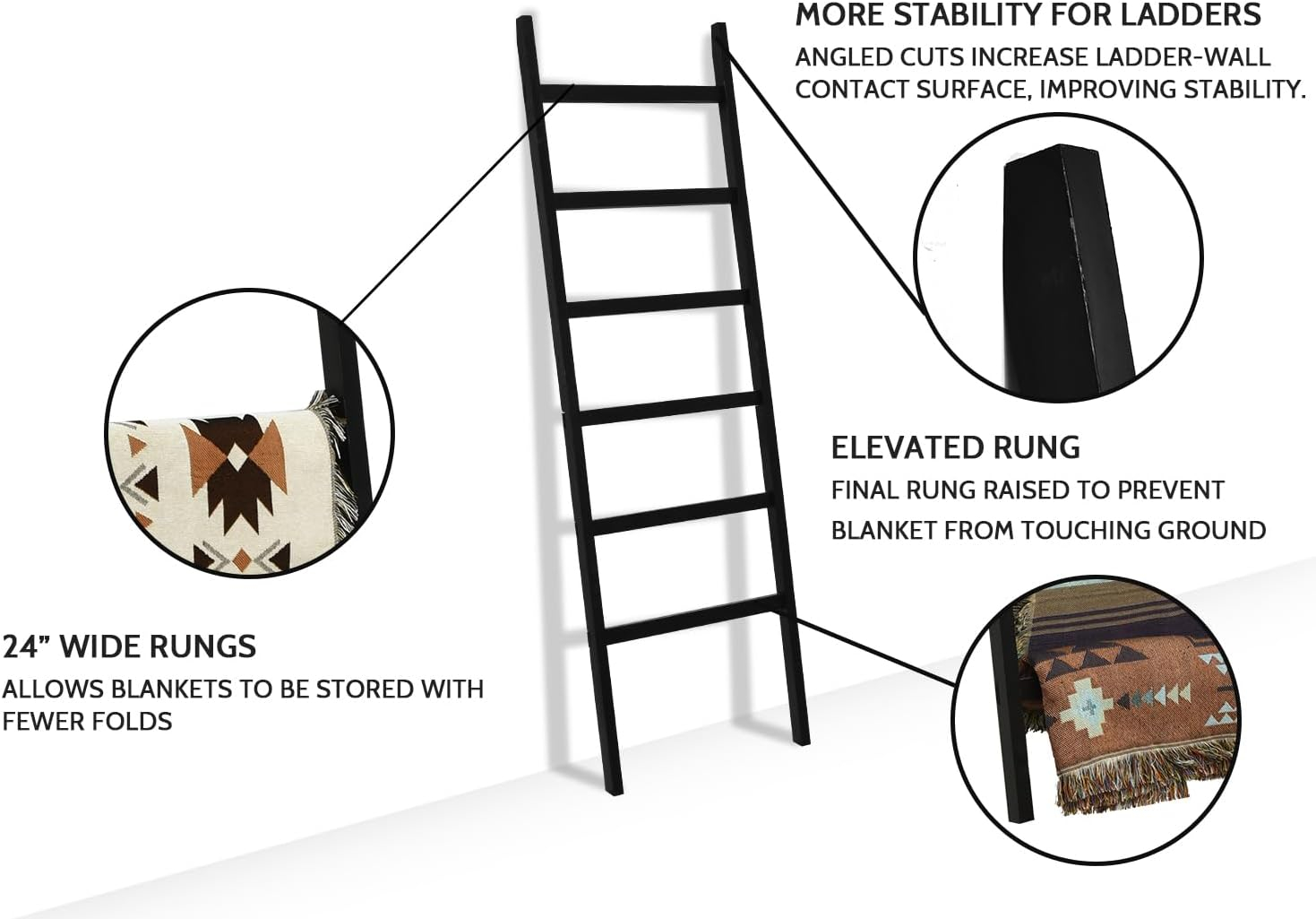 FUIN 6.4ft Extra Wide Wooden Blanket Ladder Living Room Decorative Wal Leaning Farmhouse Quilt Display Holder Rustic Wood Towel Rack for Bathroom, Black, 24 inch Wide