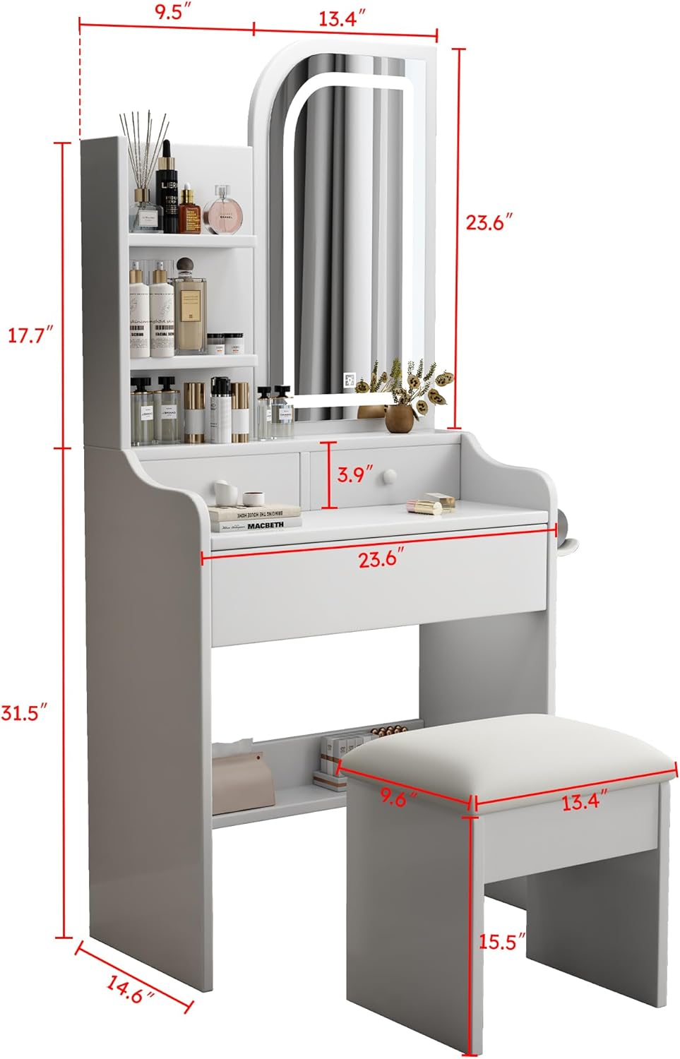 Small Vanity Desk Set with Power Outlet, Mini White Makeup Vanity with Mirror and Lights, Cute Dressing Table with Stool for Small Space