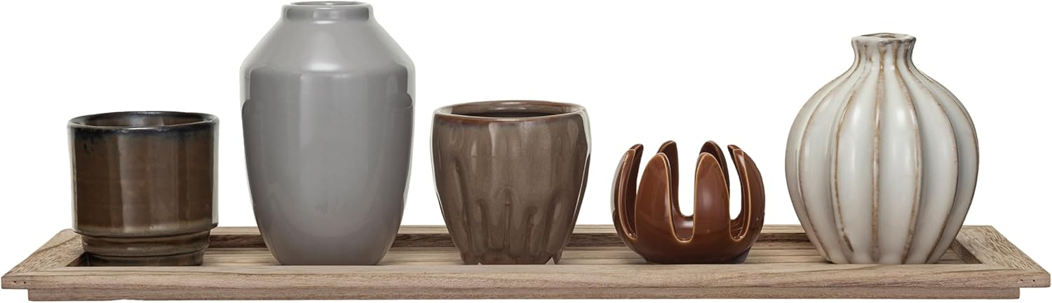 Creative Co-Op 5 Stoneware Votive Candle Holders on a Wood Tray with Reactive Glaze, Multicolor