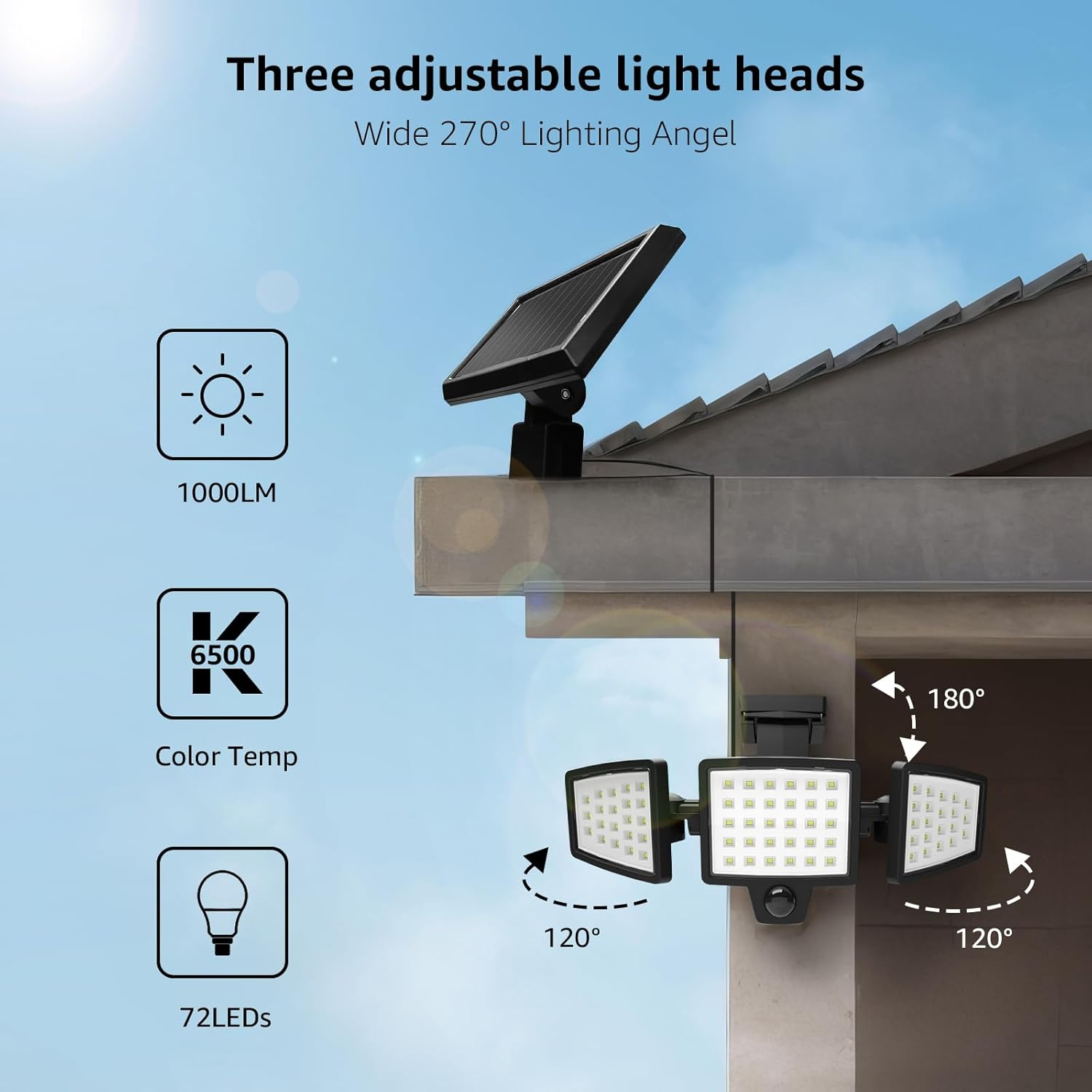 Lepro Solar Lights for Outside, WL5000 Motion Activated Security Lights, Separate Solar Panel, 3 Adjustable Head 270° Wide Lighting Angle, IP65 Waterproof Wall Lamp for Porch Yard Garage