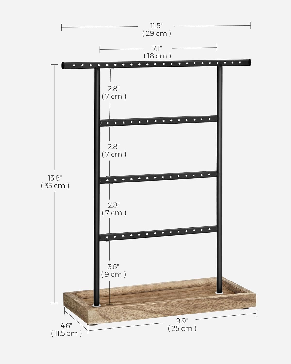 SONGMICS Jewelry Organizer, 4-Tier Earring Holder Organizer Stand with Base Tray, for Studs and Necklaces, Vintage, Wood Color and Black UJJS019B01