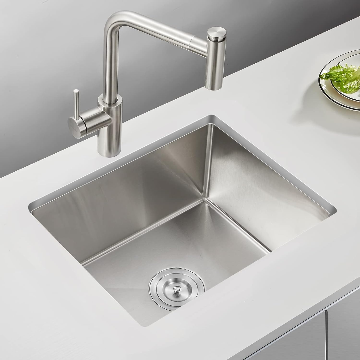 MENATT 22 inch Undermount Kitchen Sink, 22" x 18" Single Bowl Kitchen Sink Undermount Stainless Steel Handmade Bar Sink with Basket Strainer(Brushed)