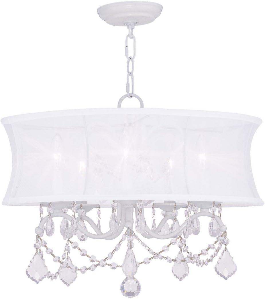 5 Light White Chandelier with Off White Silk Shimmer Shade