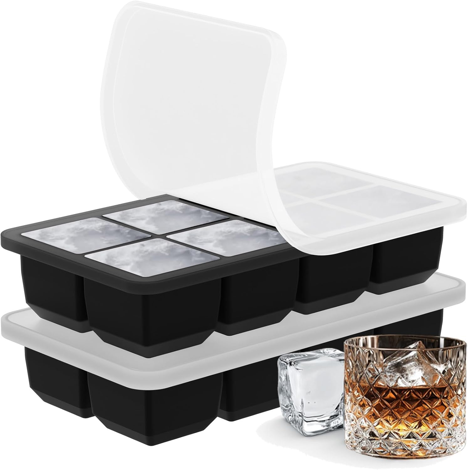 Large Ice Cube Tray for Whiskey: Big Square Ice Cube Maker for Cocktail - 2Pack Silicone Old Fashioned Ice Cube Trays - 2inch Huge Cubed Ice Trays for Whisky