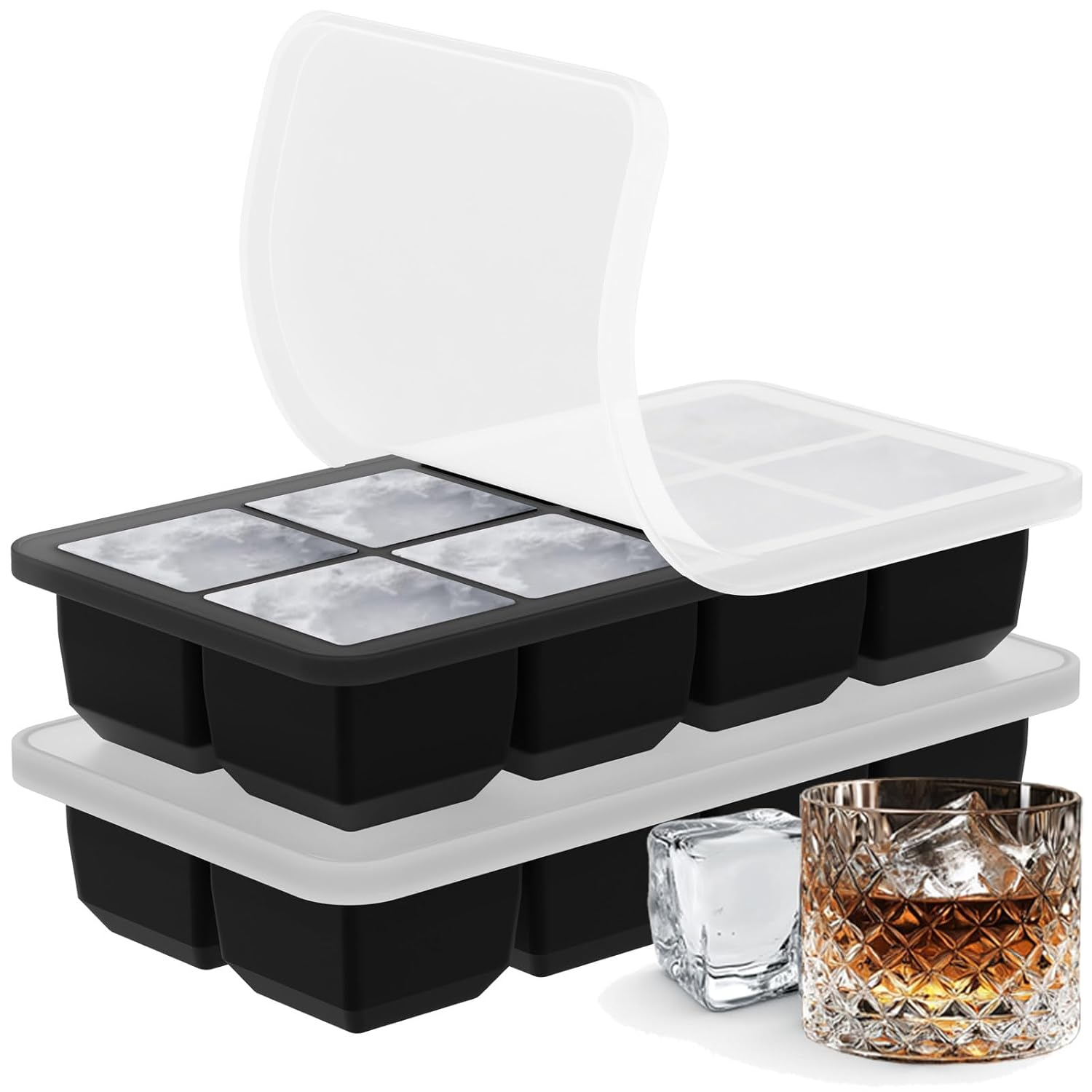 Large Ice Cube Tray for Whiskey: Big Square Ice Cube Maker for Cocktail - 2Pack Silicone Old Fashioned Ice Cube Trays - 2inch Huge Cubed Ice Trays for Whisky