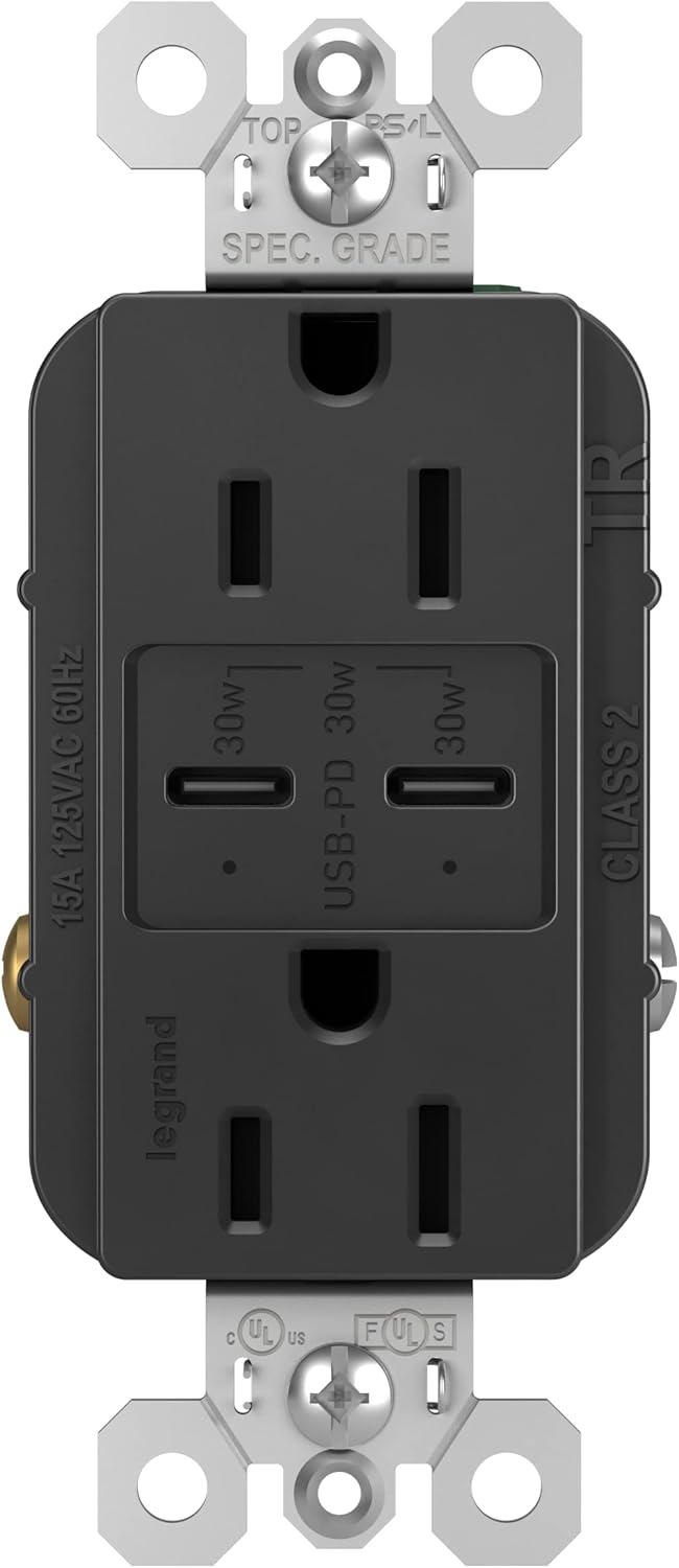 radiant 15 Amp 125-Volt Tamper-Resistant Duplex Outlet with Ultra-Fast 6A PLUS 30W Power Delivery USB C/C, Black