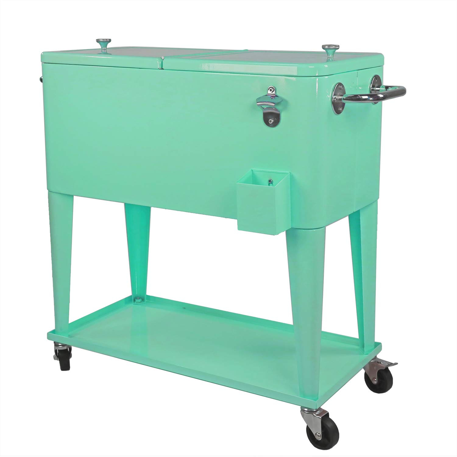 80 Qt. Retro Rolling Cooler Ice Chest Cart with Shelf & Bottle Opener - Great for Outdoors, Patios, Decks, Parties, Backyards