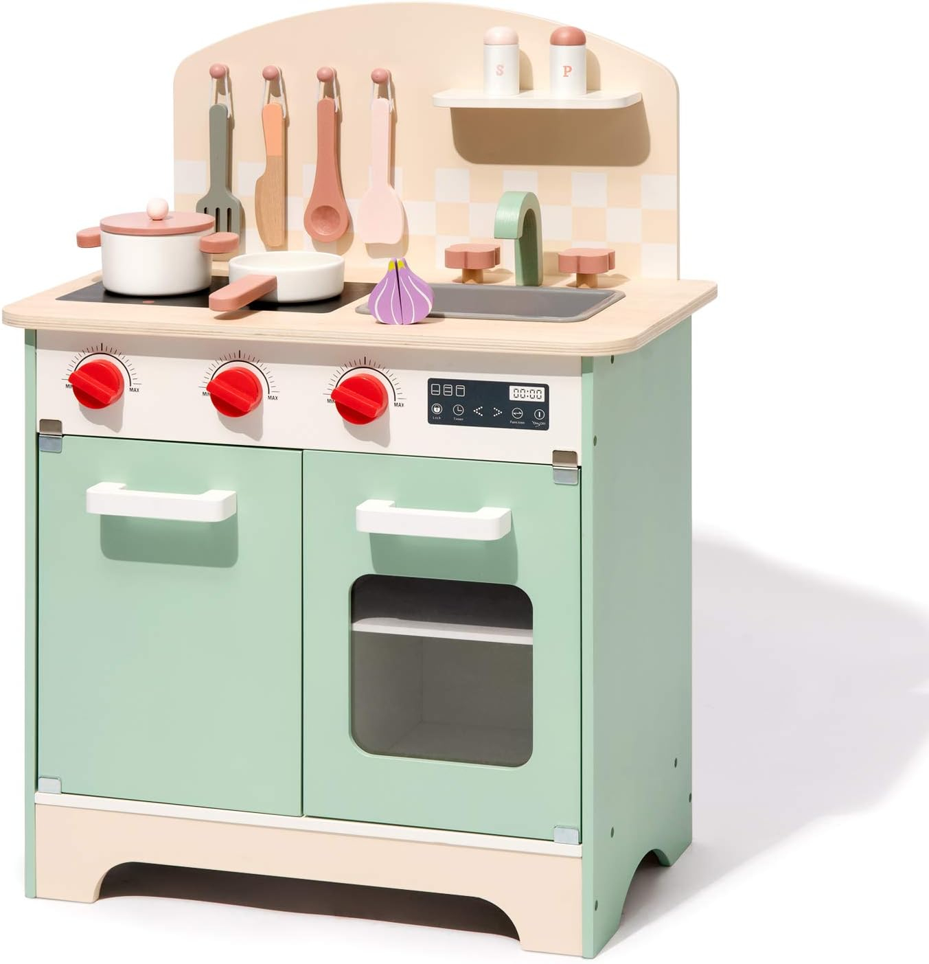 Robud Pretend Play Kitchen Set for Kids,Wooden Kitchen Playset Gift for Toddlers 3+,Green