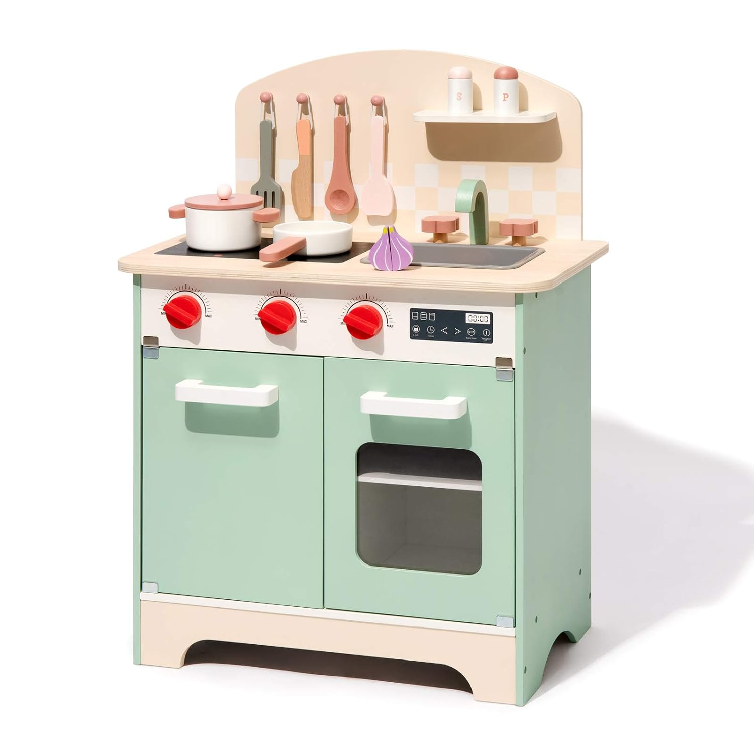 Robud Pretend Play Kitchen Set for Kids,Wooden Kitchen Playset Gift for Toddlers 3+,Green