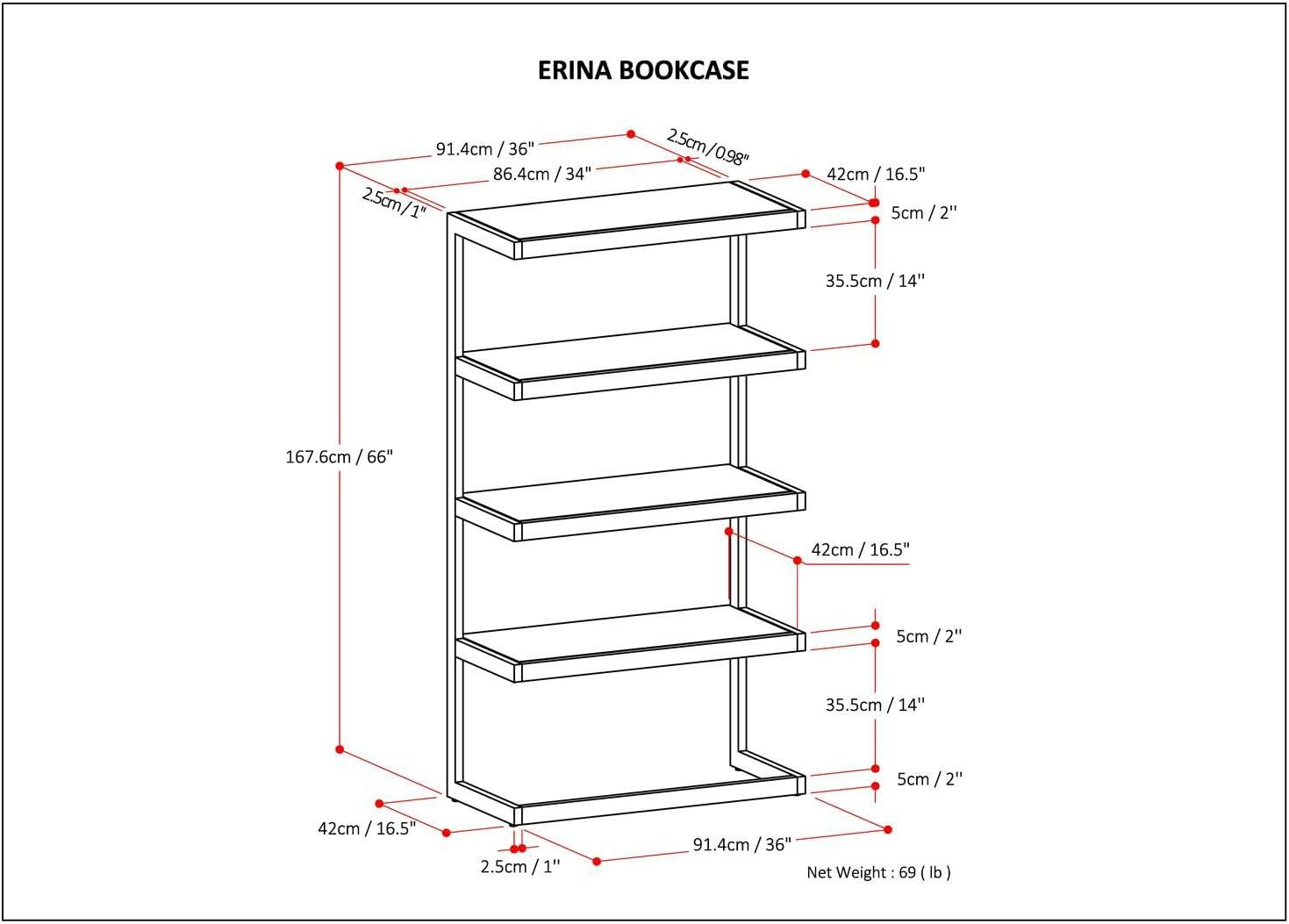 Erina SOLID ACACIA WOOD and Metal 66 inch x 36 inchRectangle Industrial Bookcase in Rustic Natural Aged Brown-Color:Rustic Natural Aged Brown,Material:Metal,Style:Modern Industrial
