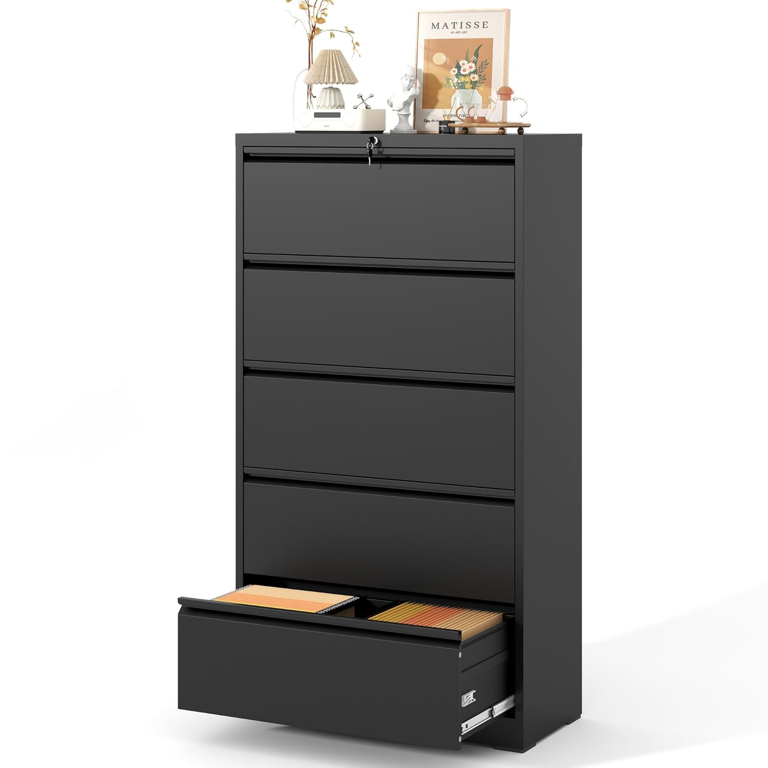 DeeHome 5 Drawer Metal Lateral File Cabinet , Black Filing Cabinet with Lock, Lockable File Cabinet for Home Office, Locking Metal File Cabinet for Legal/Letter/A4/F4 Size