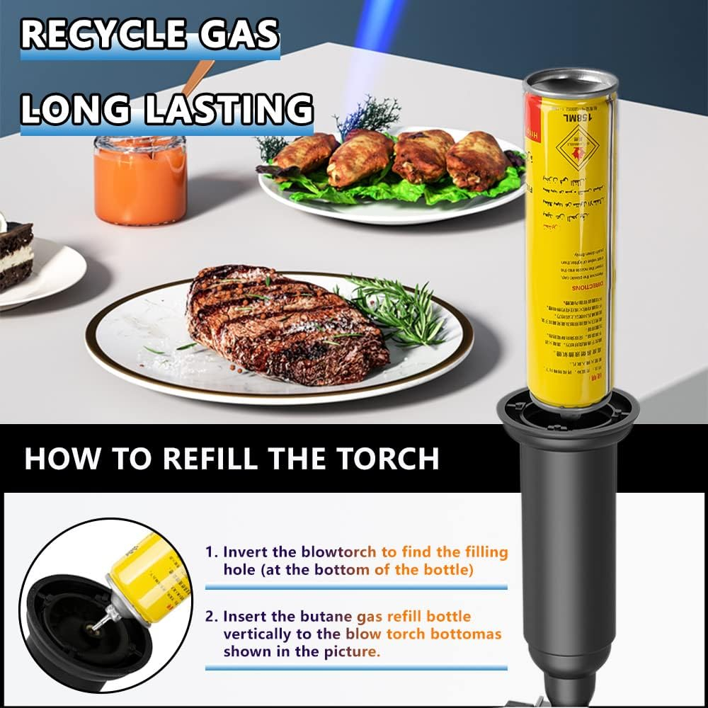 Butane Torch with Anti-scalding Device,Stainless Steel Protective Cover,Refillable Kitchen Torch Lighter,Adjustable Flame Guard. (Butane Gas Not Included,Blue)