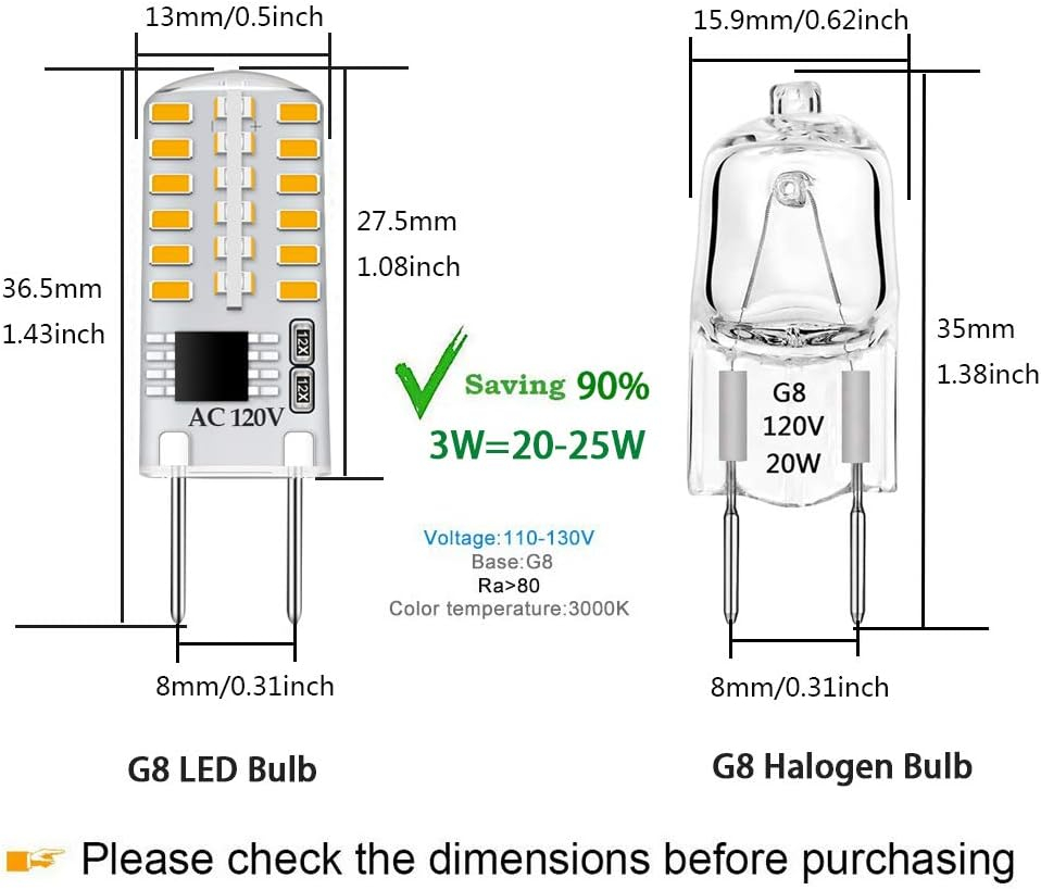 G8 LED Bulb Dimmable 3W Warm White 3000K T4 Bi-Pin Base 120V 20W-25W Halogen Bulb Replacement for Under Cabinet, Counter Lighting (12-Pack)
