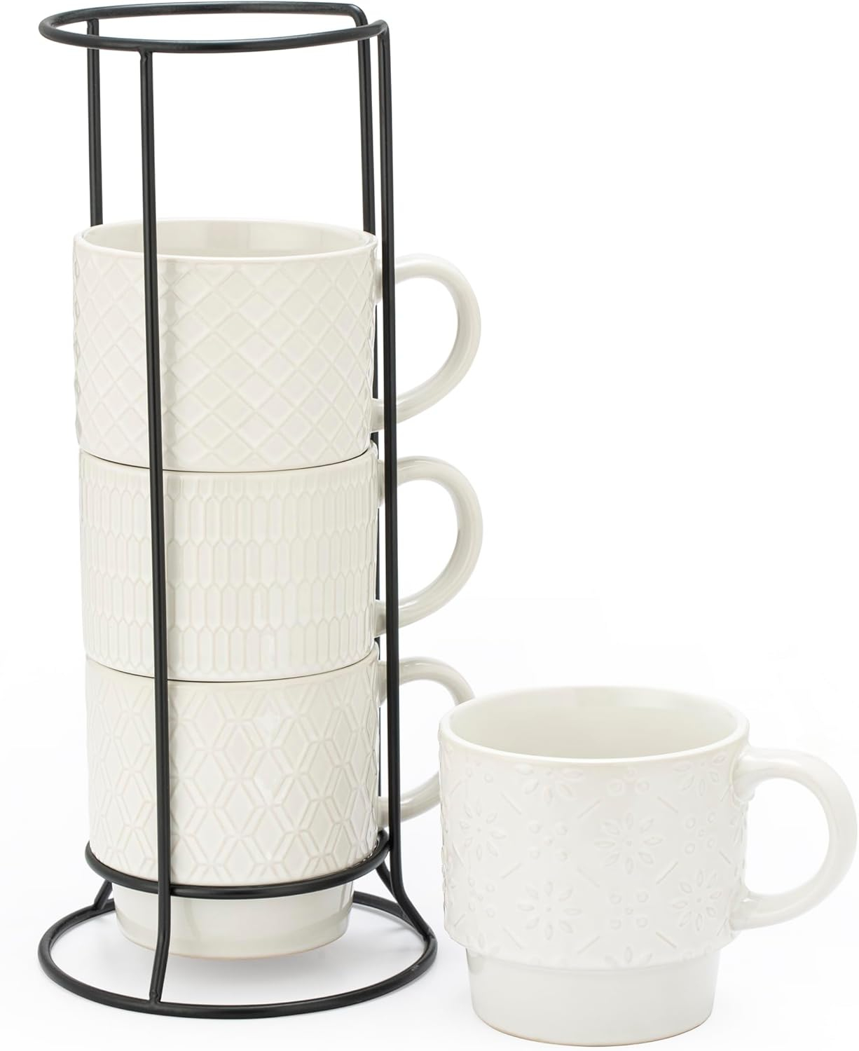 Signature Housewares Stackable Coffee Mug Tower Set with Metal Wire Rack - 15 Ounce Coffee Mugs for Coffee, Tea, Cocoa, Milk, Cappuccino, Hot Chocolate Set of 4 - White Glazed Ceramic