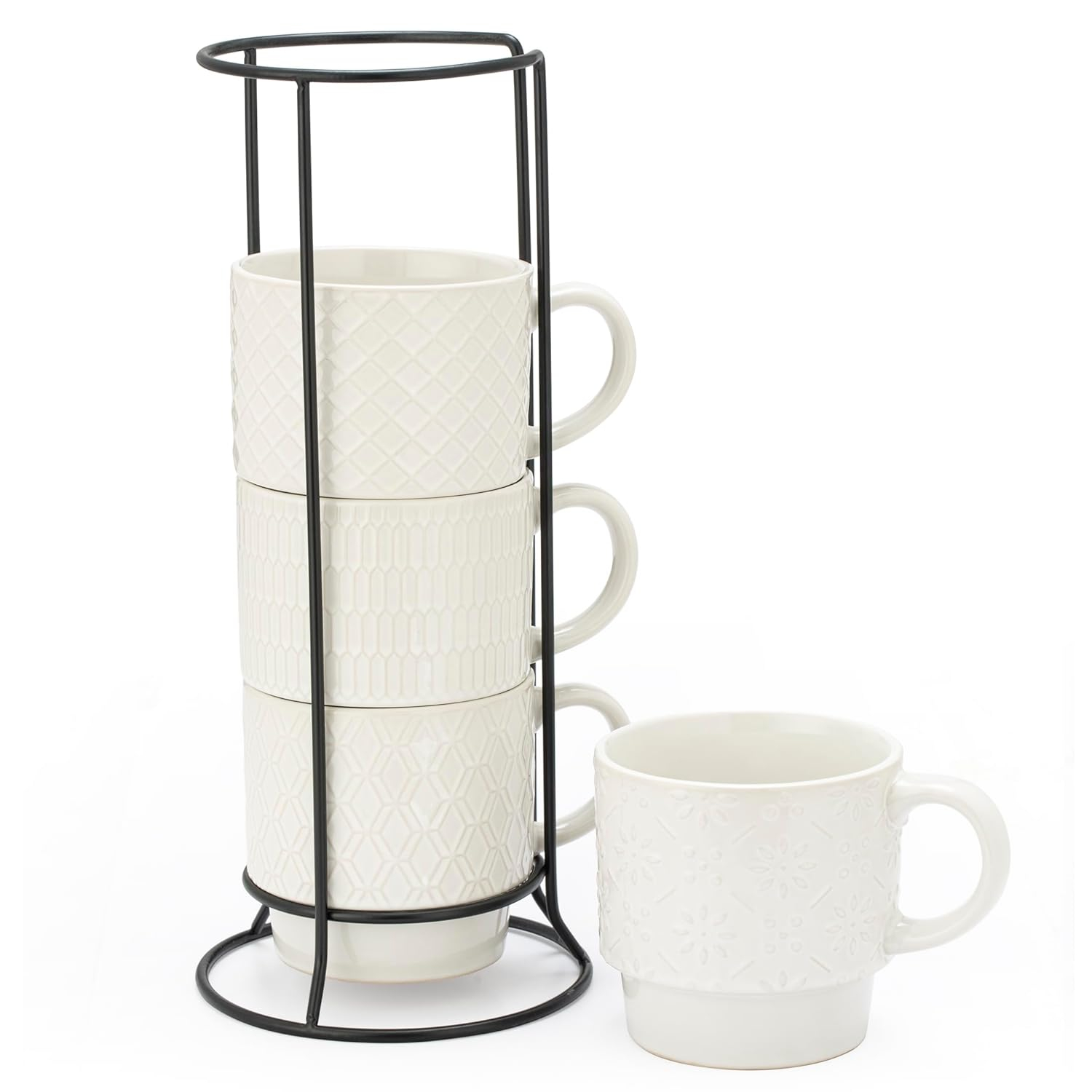 Signature Housewares Stackable Coffee Mug Tower Set with Metal Wire Rack - 15 Ounce Coffee Mugs for Coffee, Tea, Cocoa, Milk, Cappuccino, Hot Chocolate Set of 4 - White Glazed Ceramic