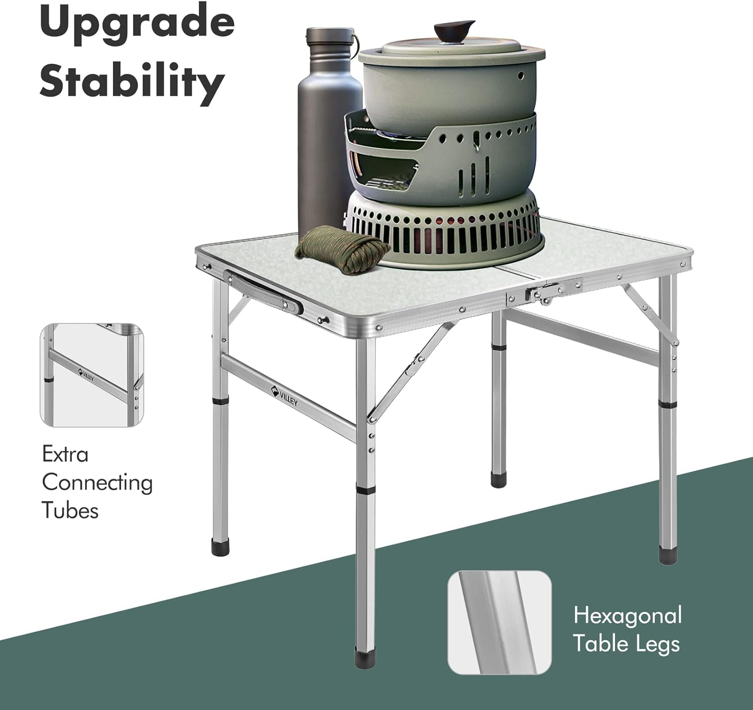 VILLEY Folding Camping Table, Portable Lightweight Outdoor Table with Aluminum Adjustable Legs for Travel Picnic Cooking Beach