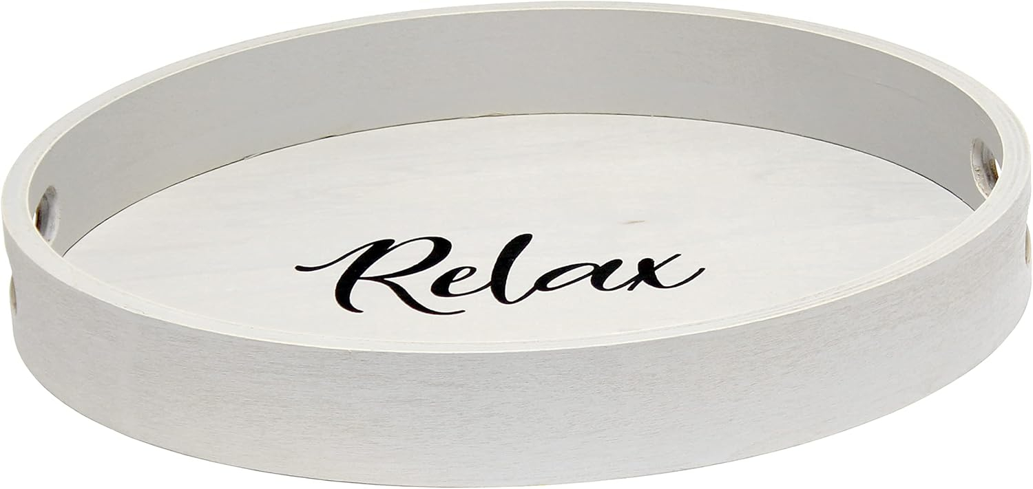 Elegant Designs Decorative 13.75" Round Wood Serving Tray w/ Handles, "Relax"