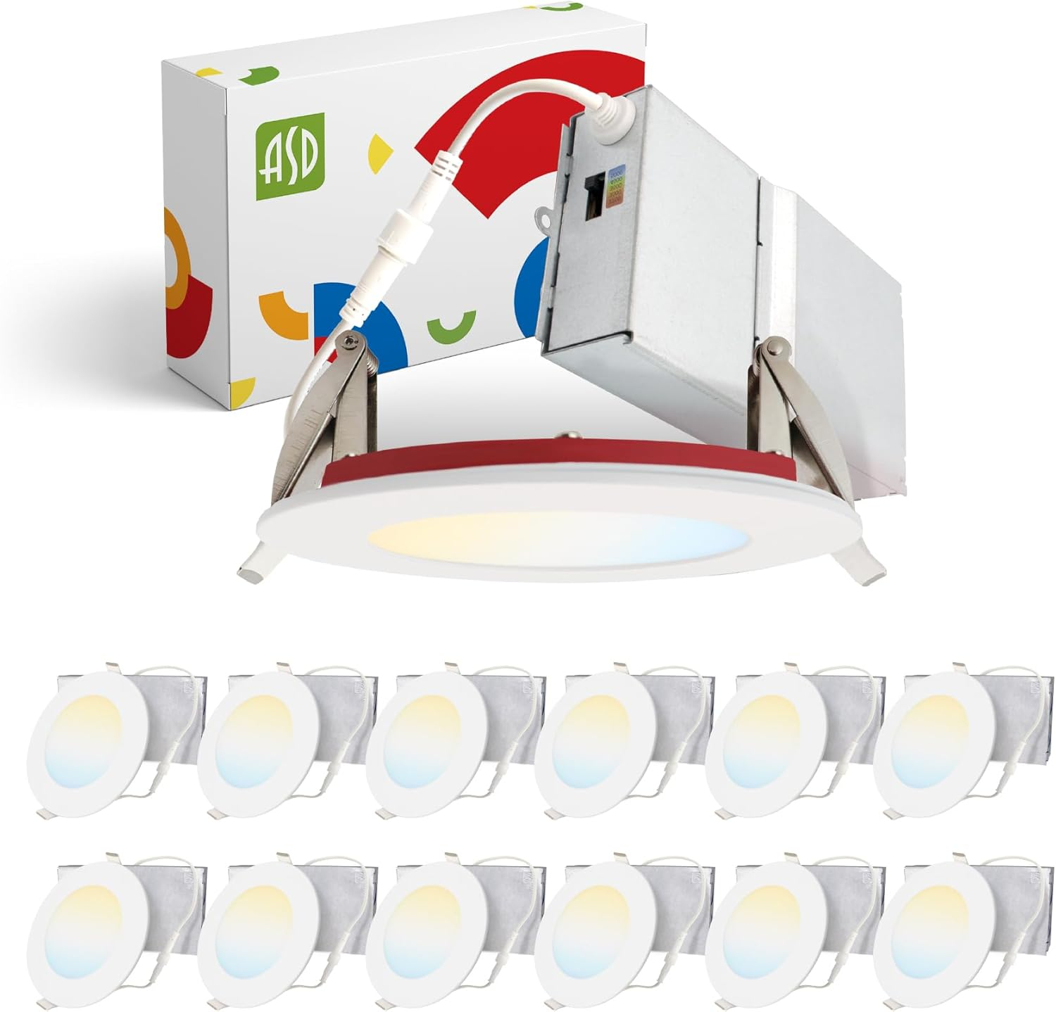 ASD 12 Pack Fire Rated Recessed Lights 4 Inch, 5 Colors 2700K/3000K/3500K/4000K/5000K, 840 Lumens, 2 Hour Fire Rating, Ultra Thin Dimmable Canless Downlight, No Tenmat Needed, Wet and IC Rated, ETL
