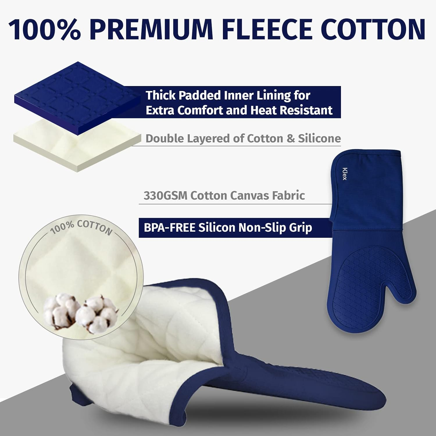 KLEX 15" Silicone Oven Mitts and Cotton Potholders 4pcs Set, 932°F Heat Resistance, Blue